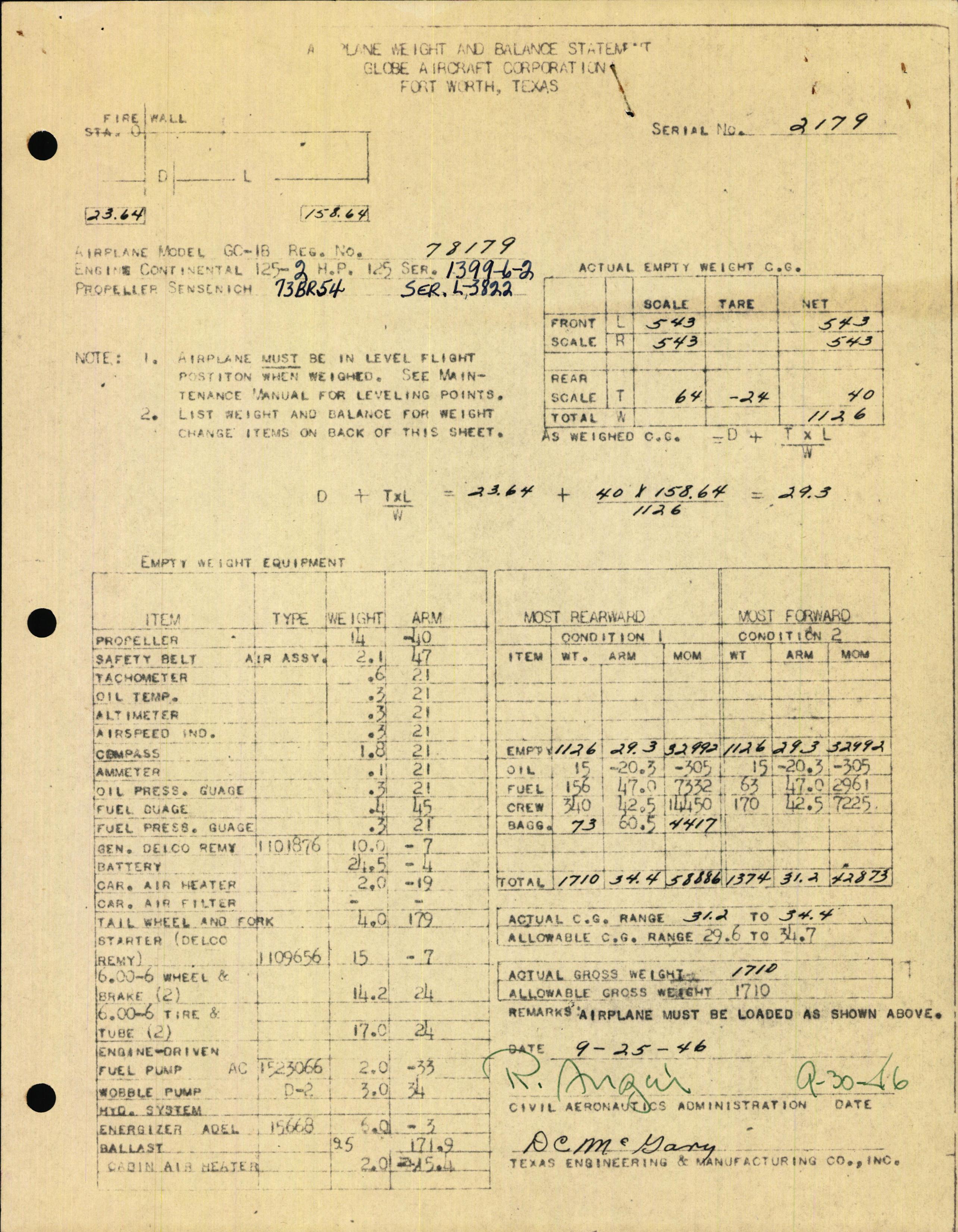 Sample page 1 from AirCorps Library document: Technical Information for Serial Number 2179