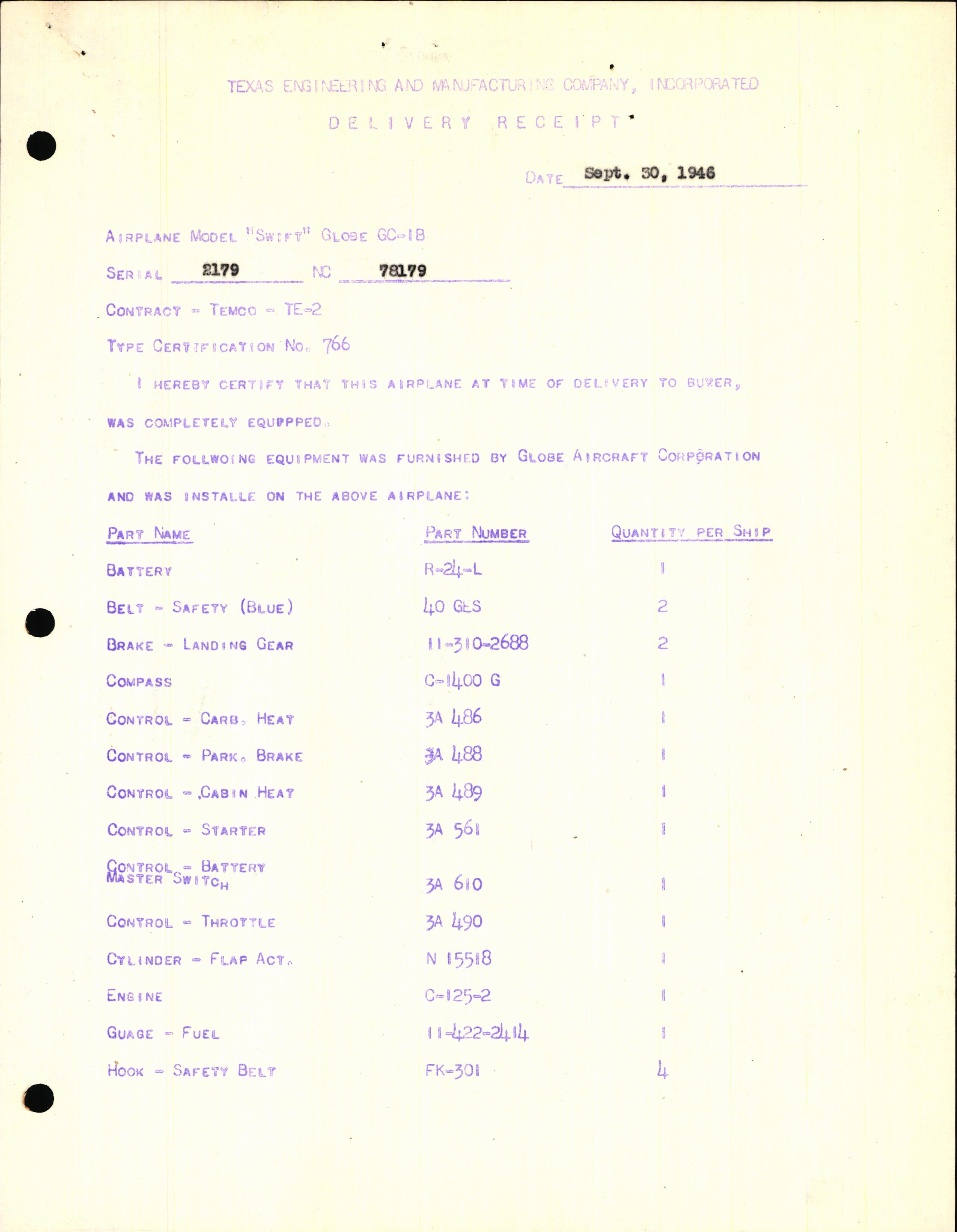 Sample page 3 from AirCorps Library document: Technical Information for Serial Number 2179