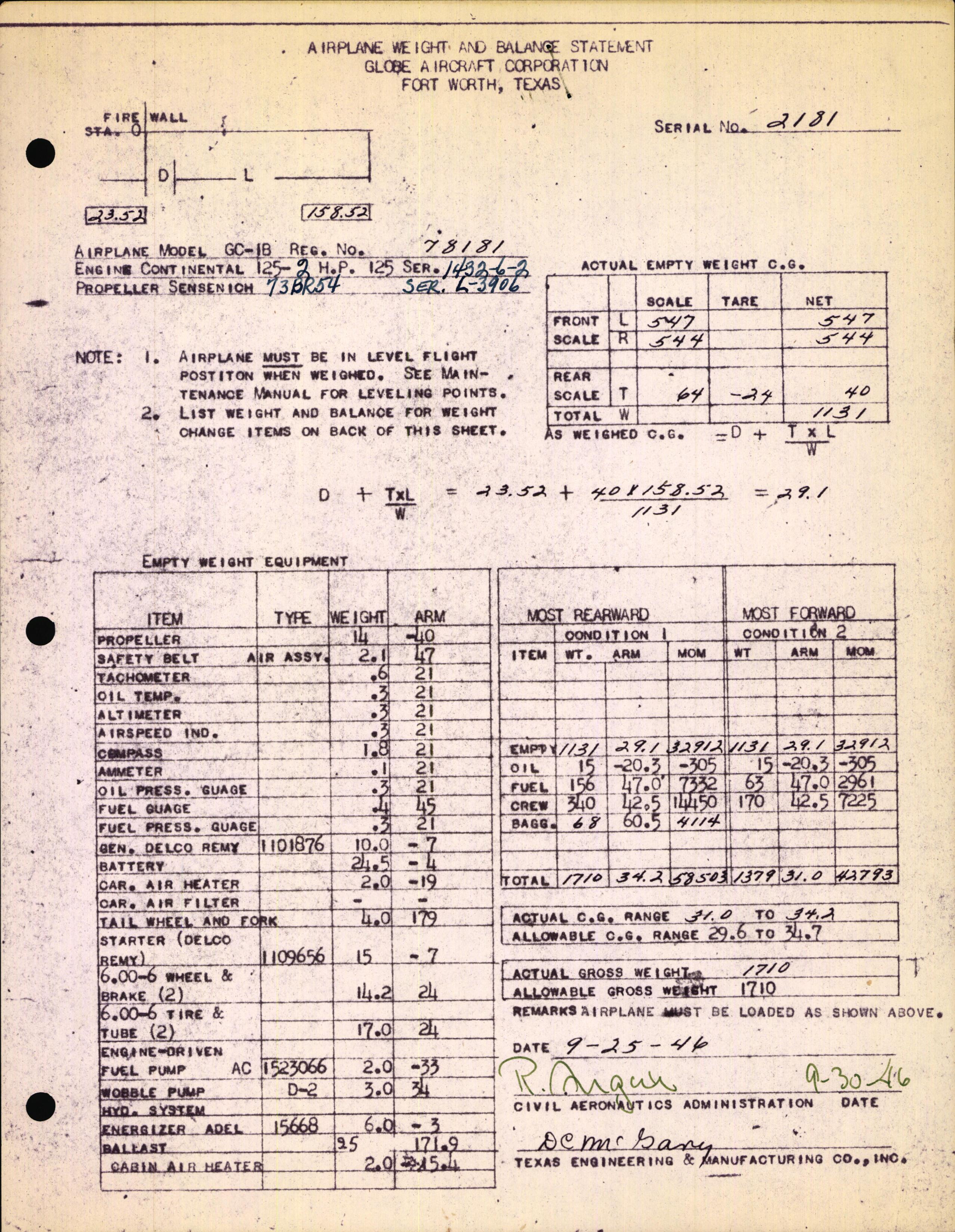 Sample page 1 from AirCorps Library document: Technical Information for Serial Number 2181