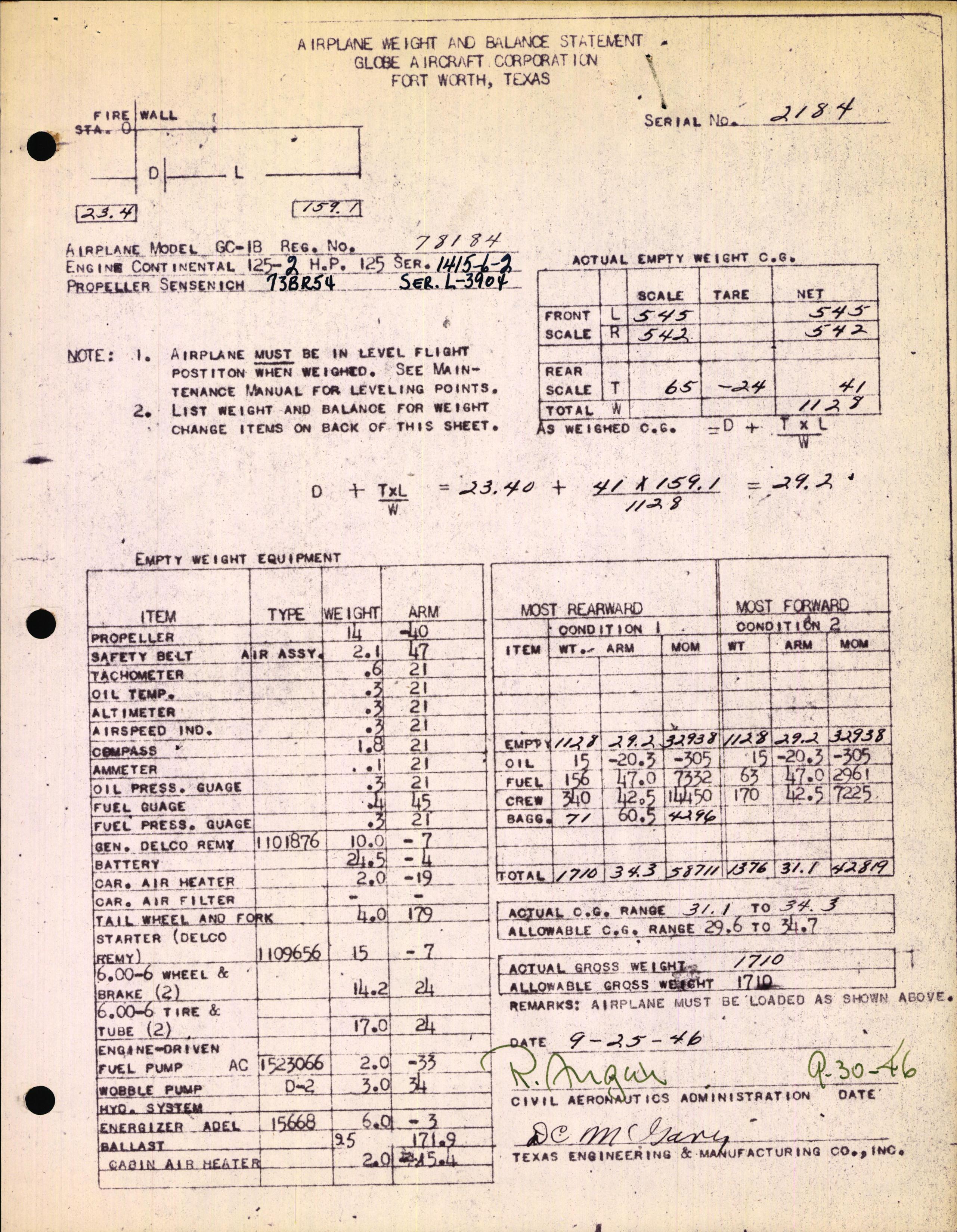Sample page 1 from AirCorps Library document: Technical Information for Serial Number 2184