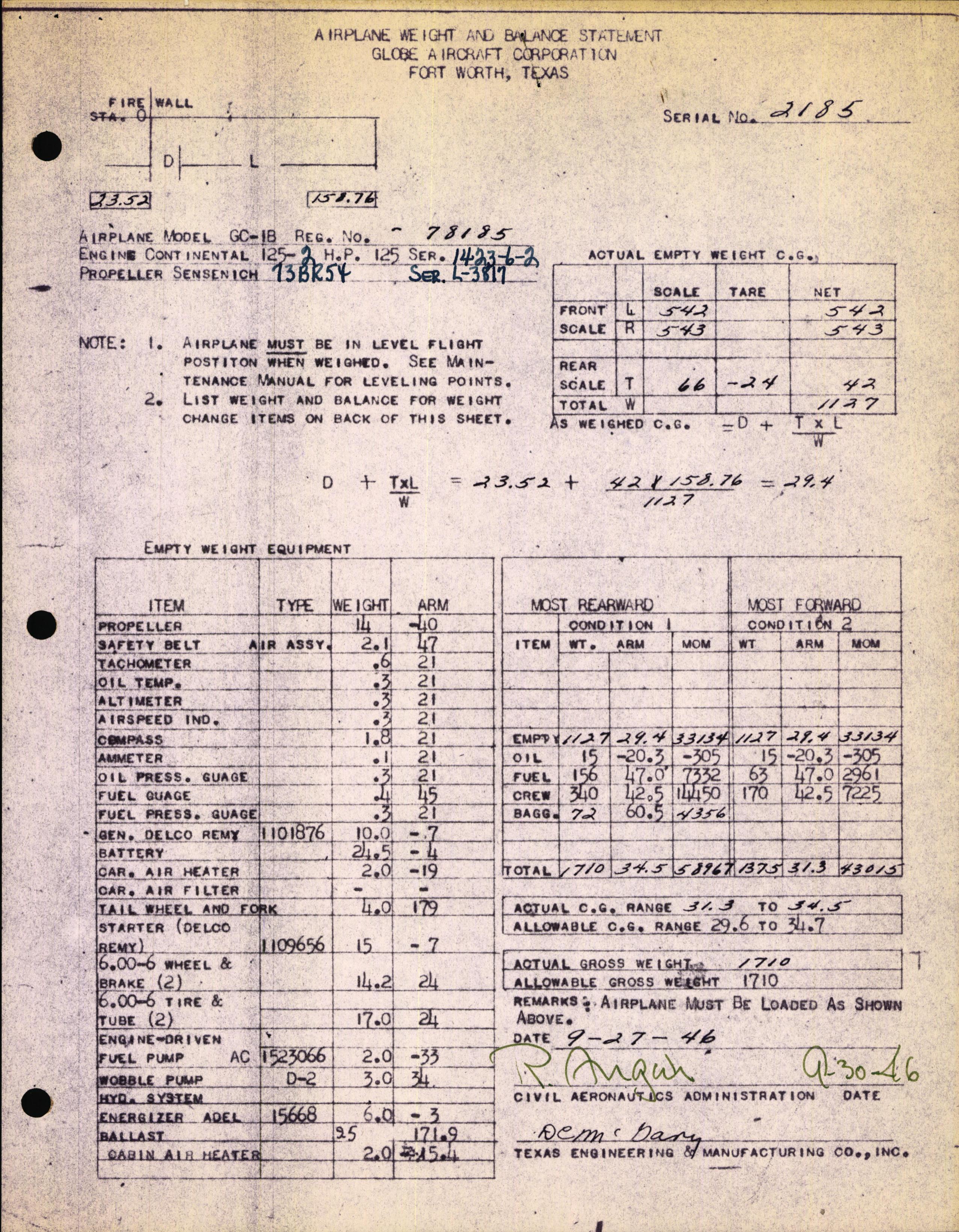 Sample page 1 from AirCorps Library document: Technical Information for Serial Number 2185