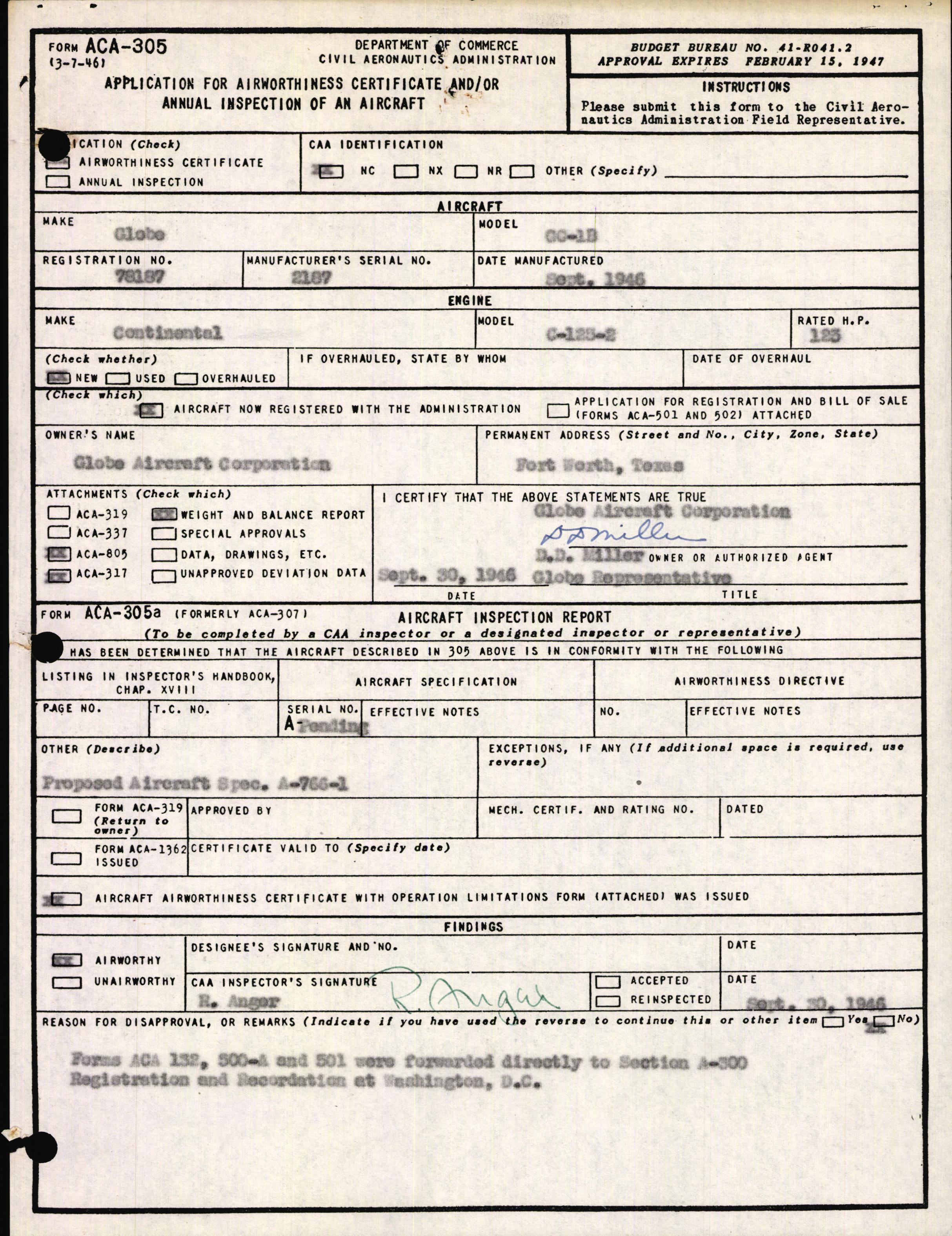 Sample page 1 from AirCorps Library document: Technical Information for Serial Number 2187