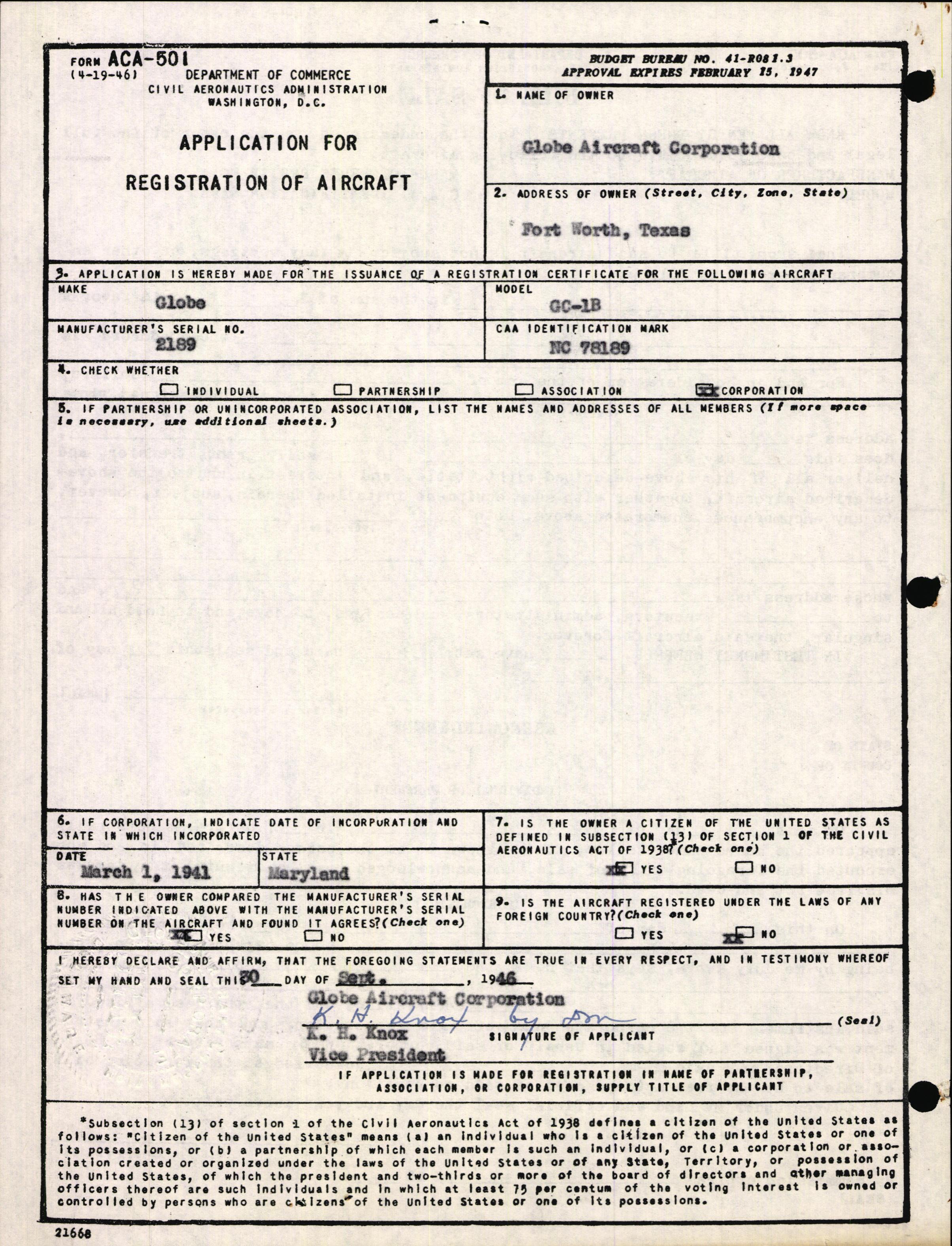 Sample page 1 from AirCorps Library document: Technical Information for Serial Number 2189