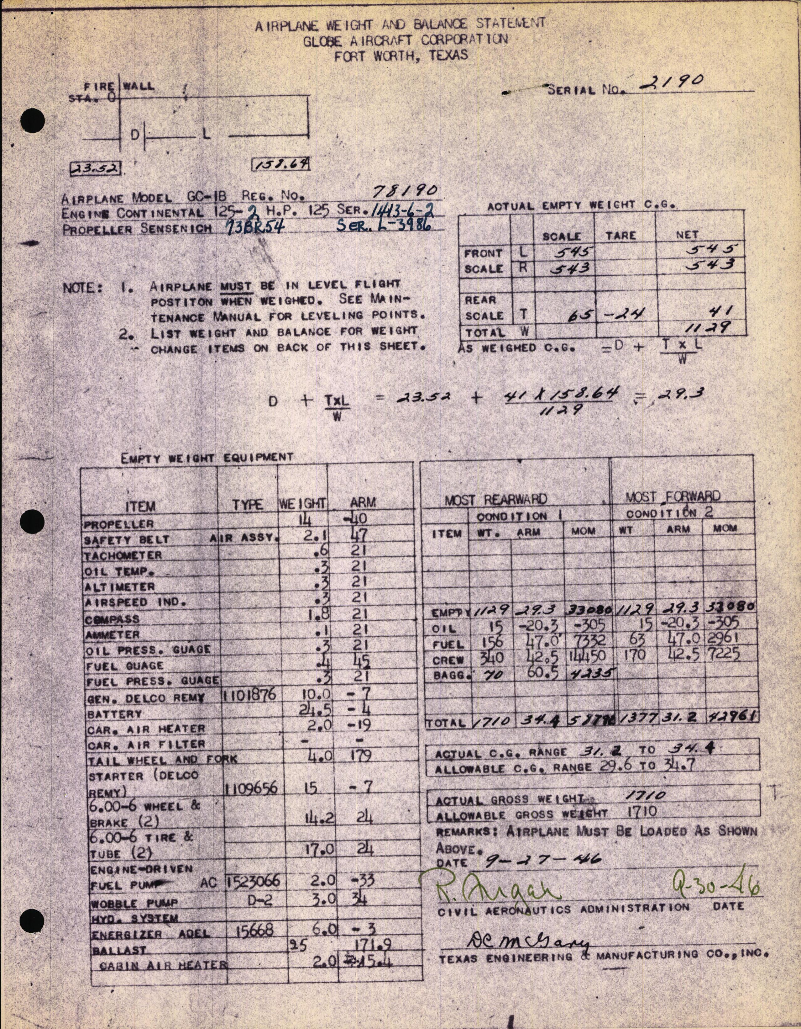 Sample page 1 from AirCorps Library document: Technical Information for Serial Number 2190