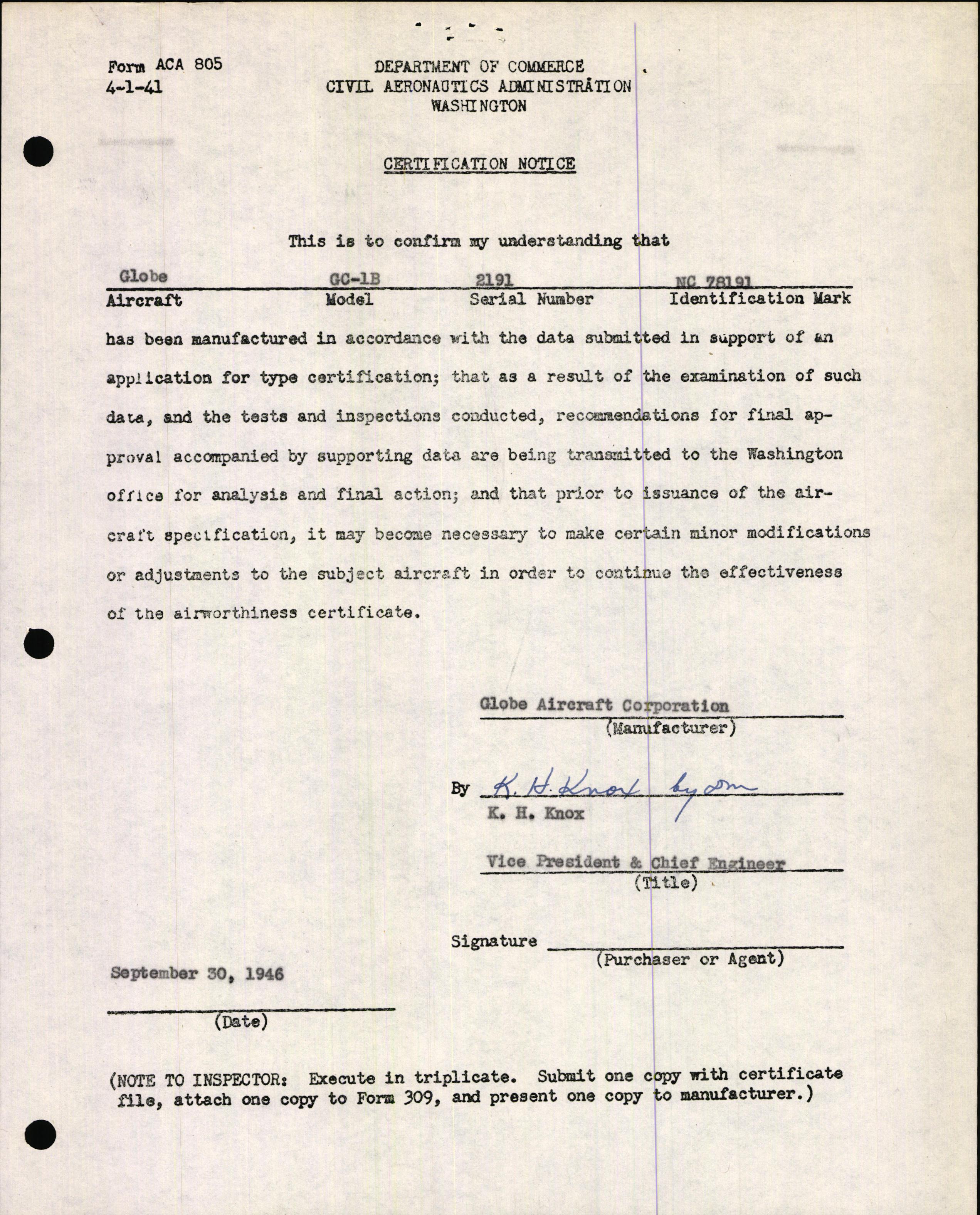Sample page 1 from AirCorps Library document: Technical Information for Serial Number 2191