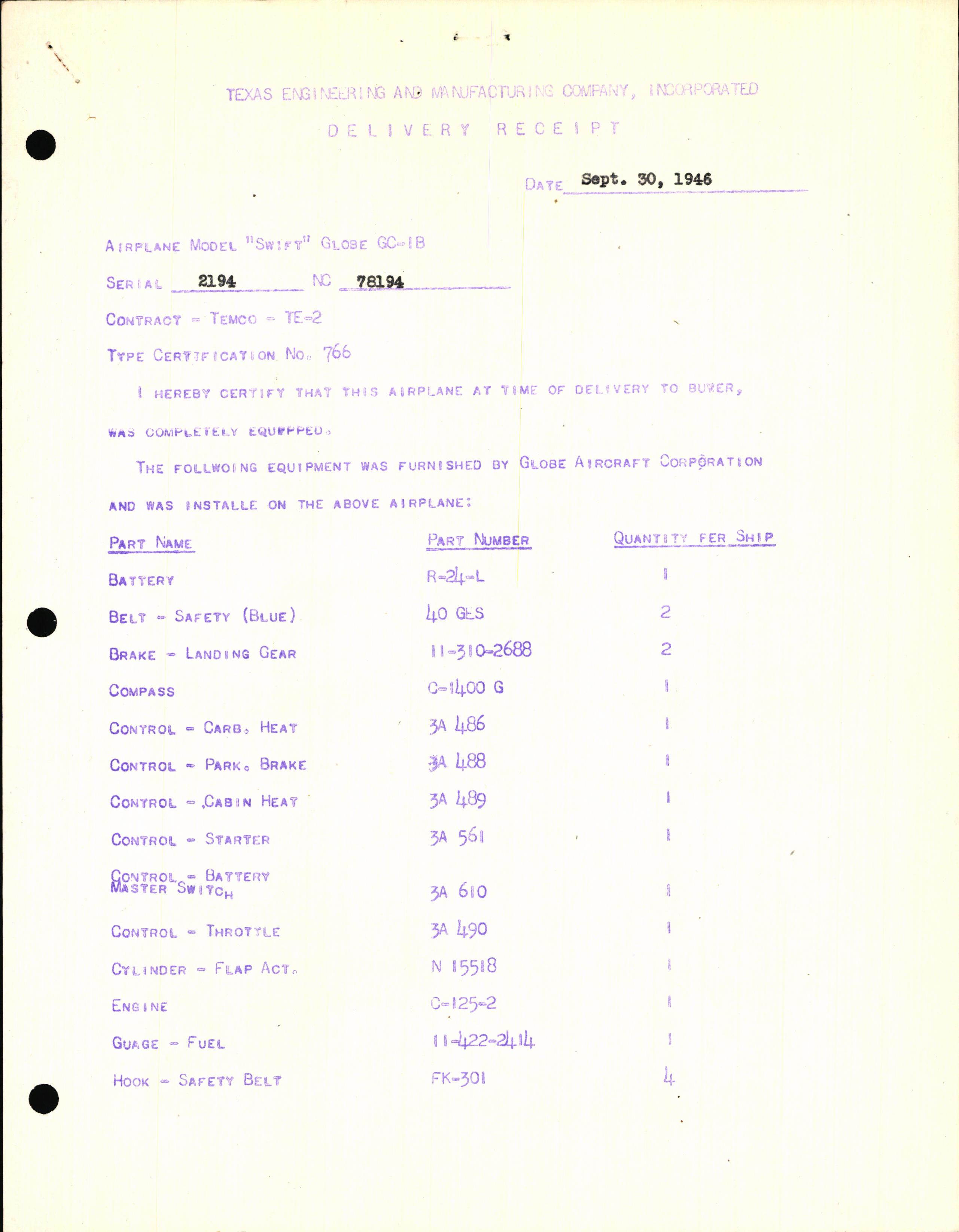 Sample page 1 from AirCorps Library document: Technical Information for Serial Number 2194