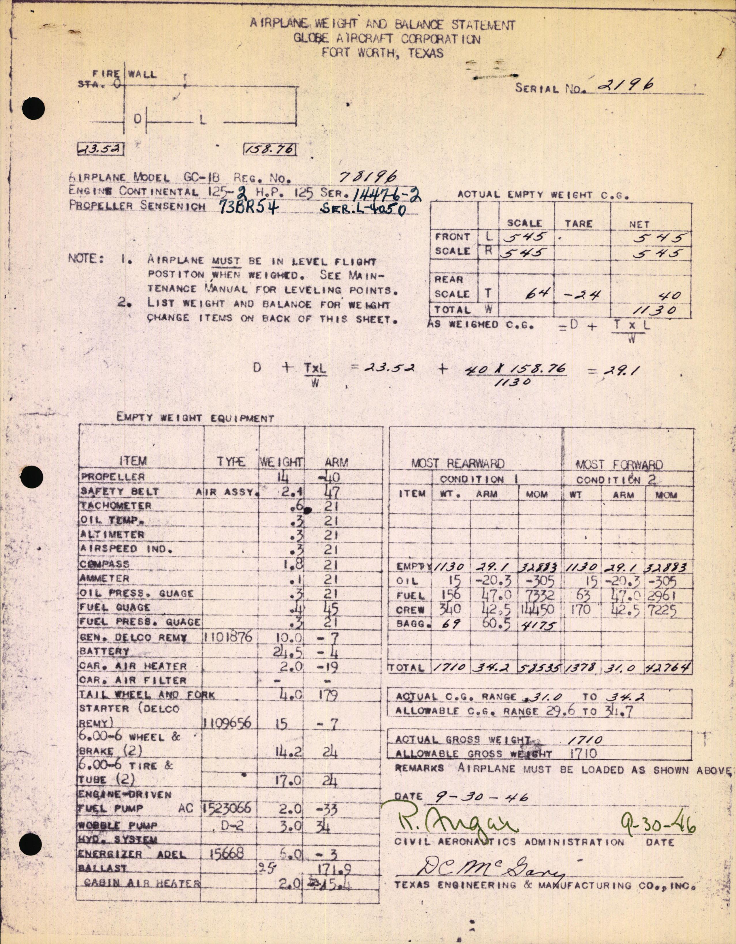 Sample page 1 from AirCorps Library document: Technical Information for Serial Number 2196
