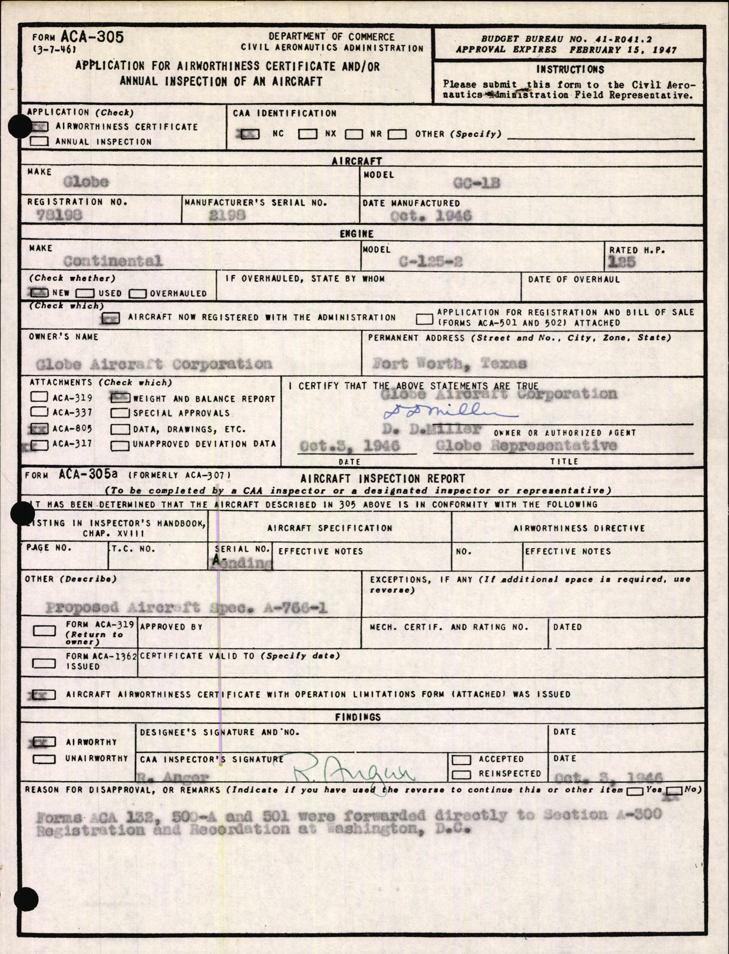 Sample page 1 from AirCorps Library document: Technical Information for Serial Number 2198