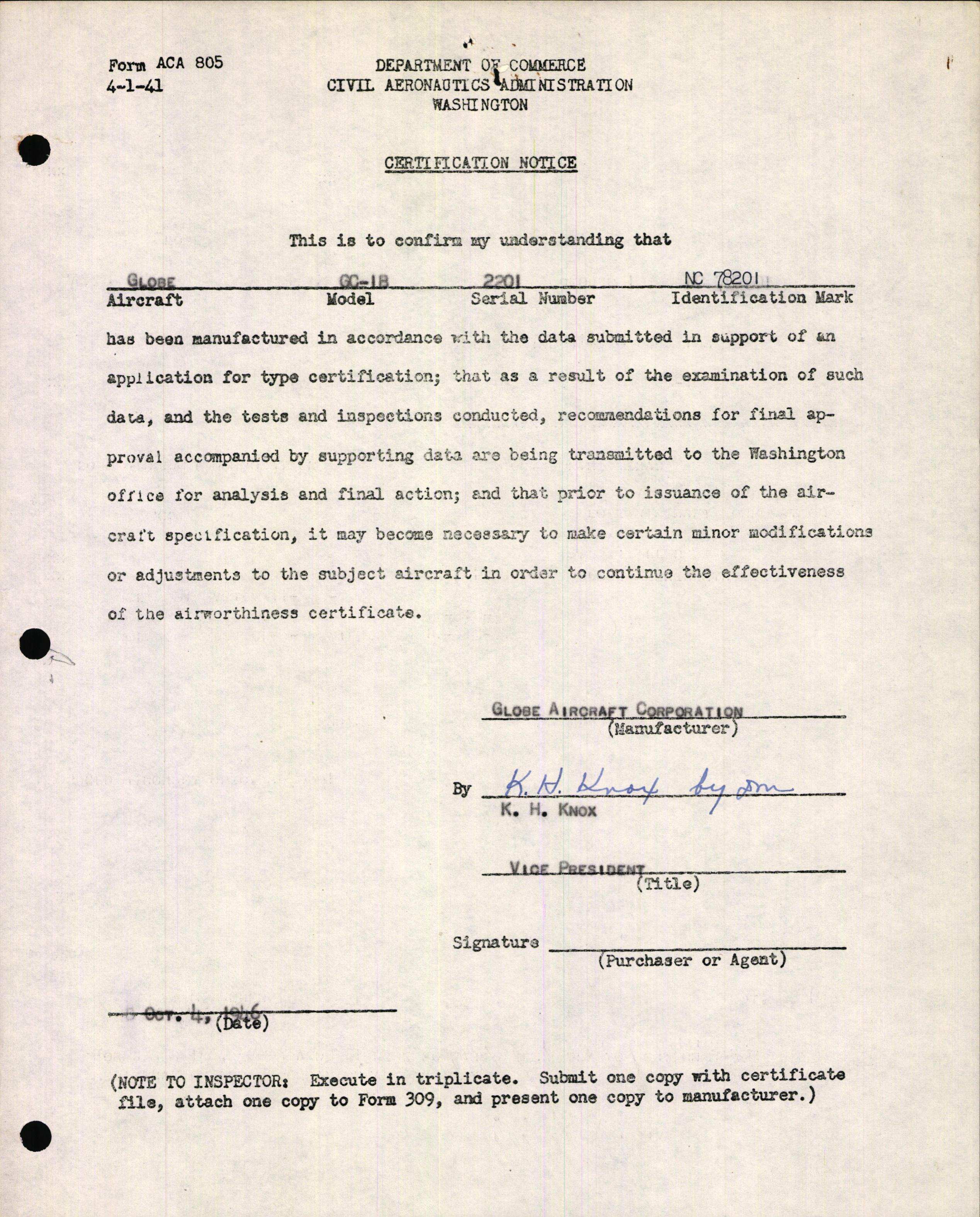 Sample page 1 from AirCorps Library document: Technical Information for Serial Number 2201