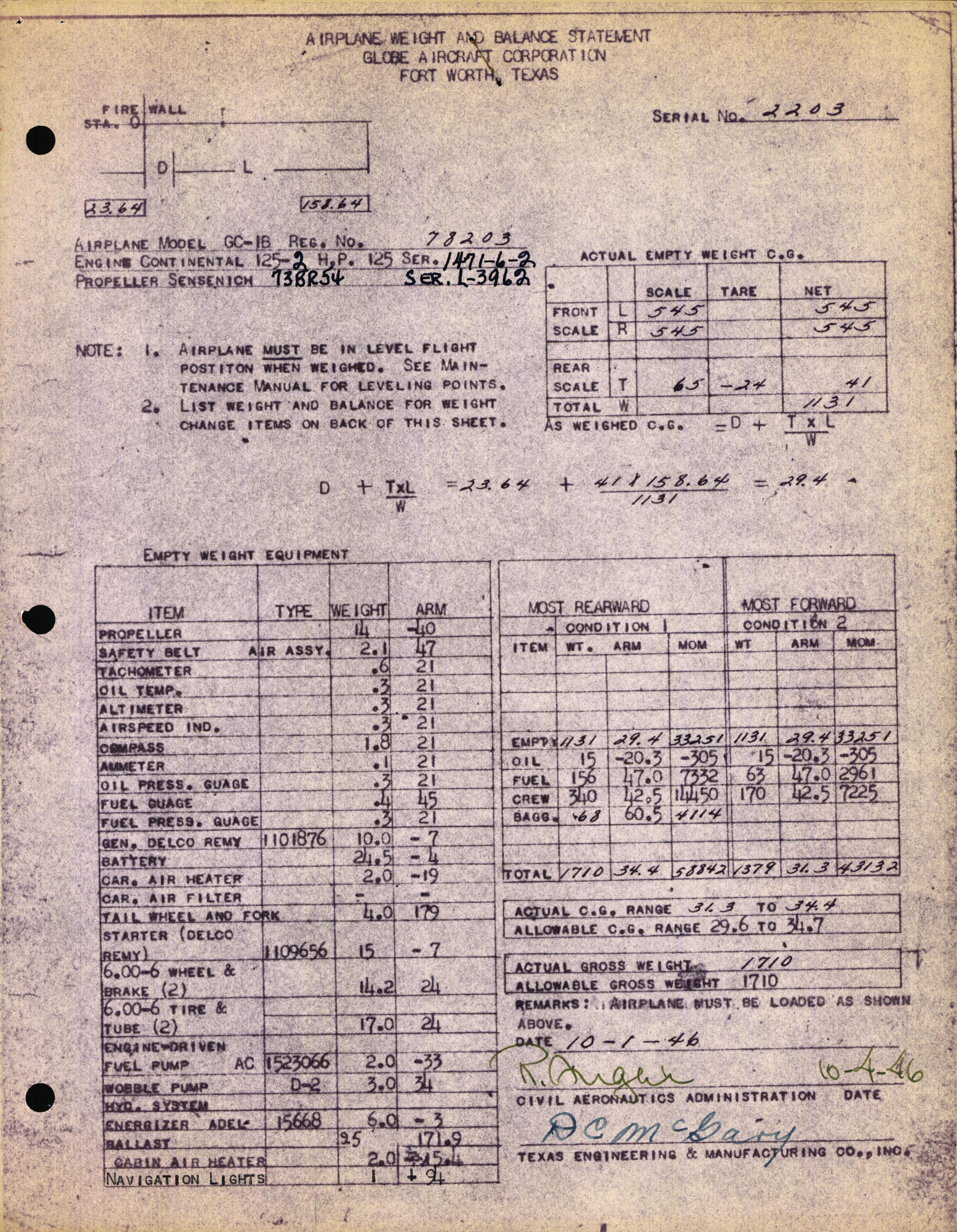 Sample page 1 from AirCorps Library document: Technical Information for Serial Number 2203
