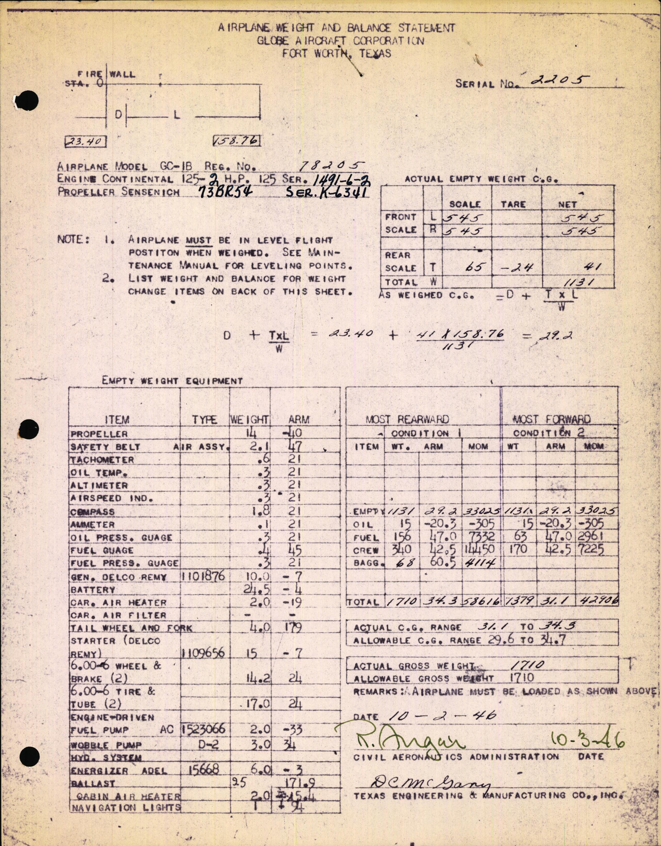 Sample page 1 from AirCorps Library document: Technical Information for Serial Number 2205