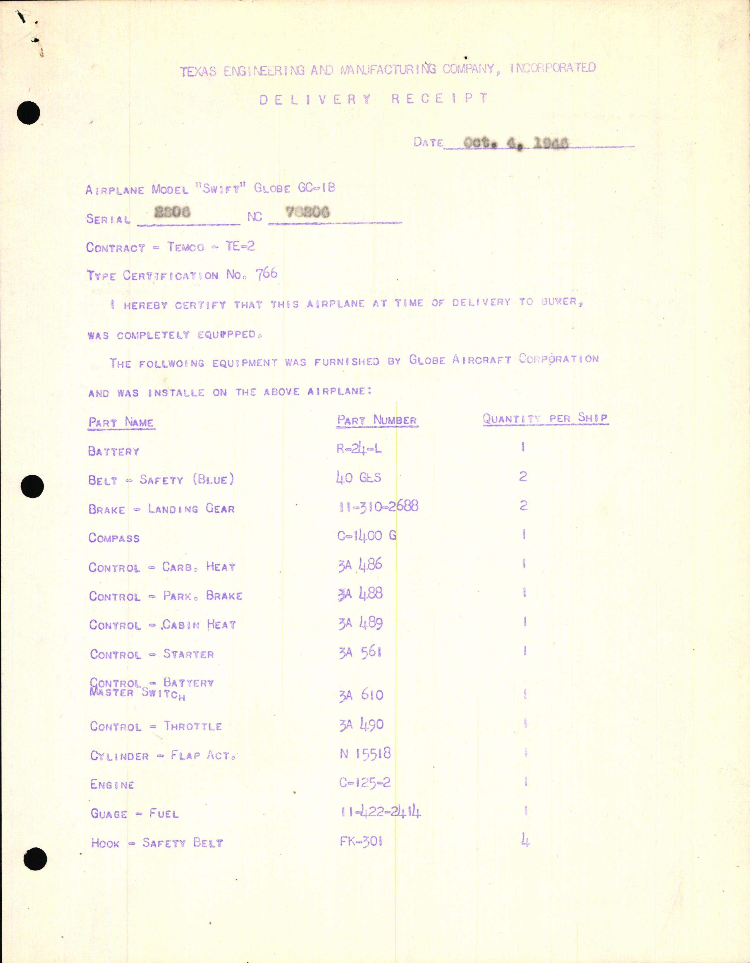 Sample page 1 from AirCorps Library document: Technical Information for Serial Number 2206