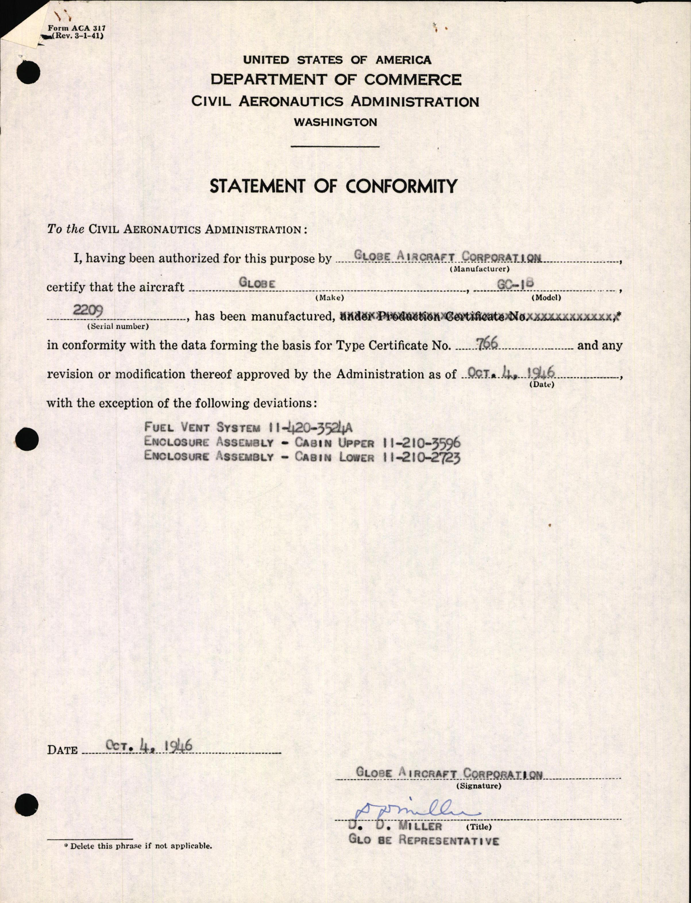 Sample page 1 from AirCorps Library document: Technical Information for Serial Number 2209