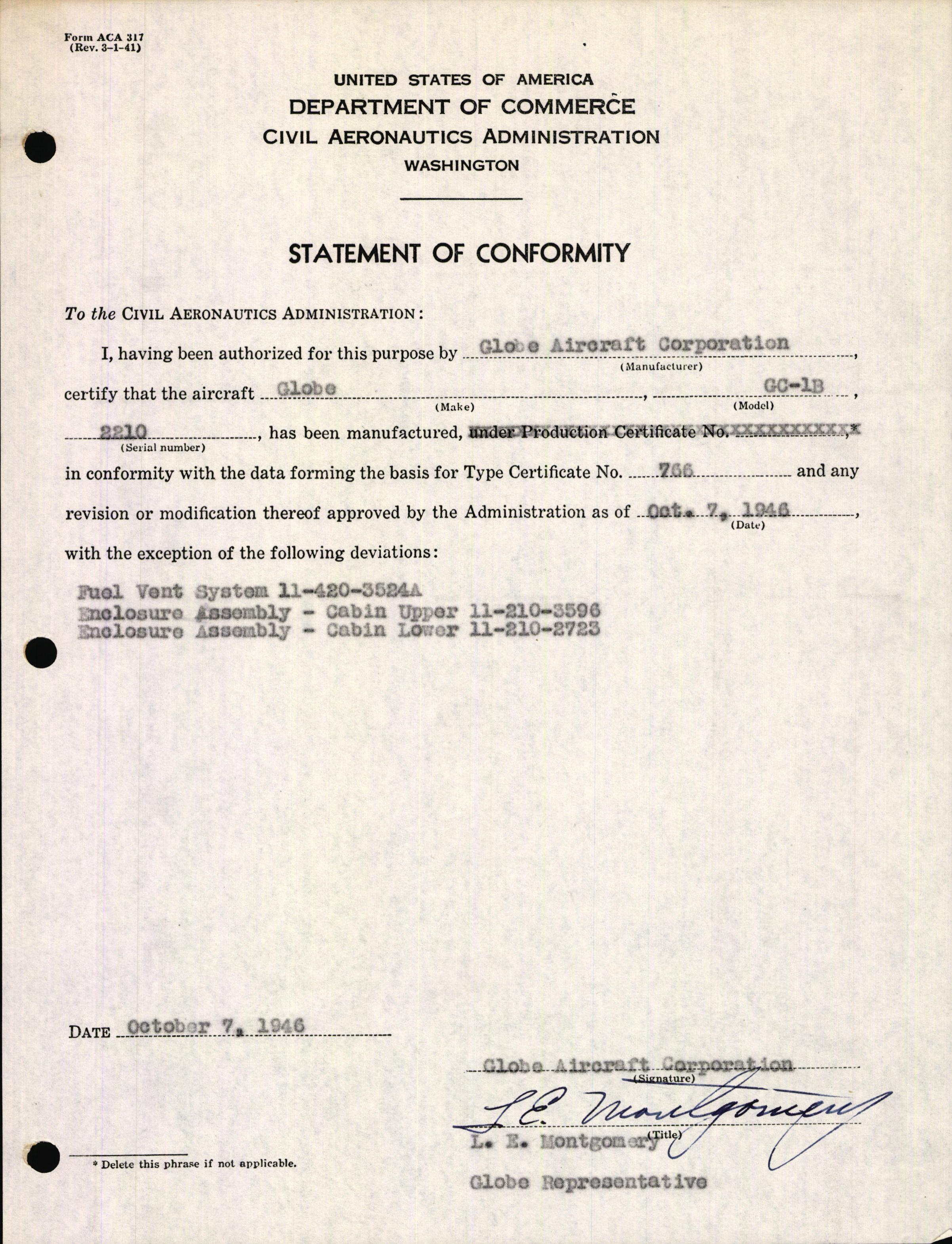Sample page 1 from AirCorps Library document: Technical Information for Serial Number 2210