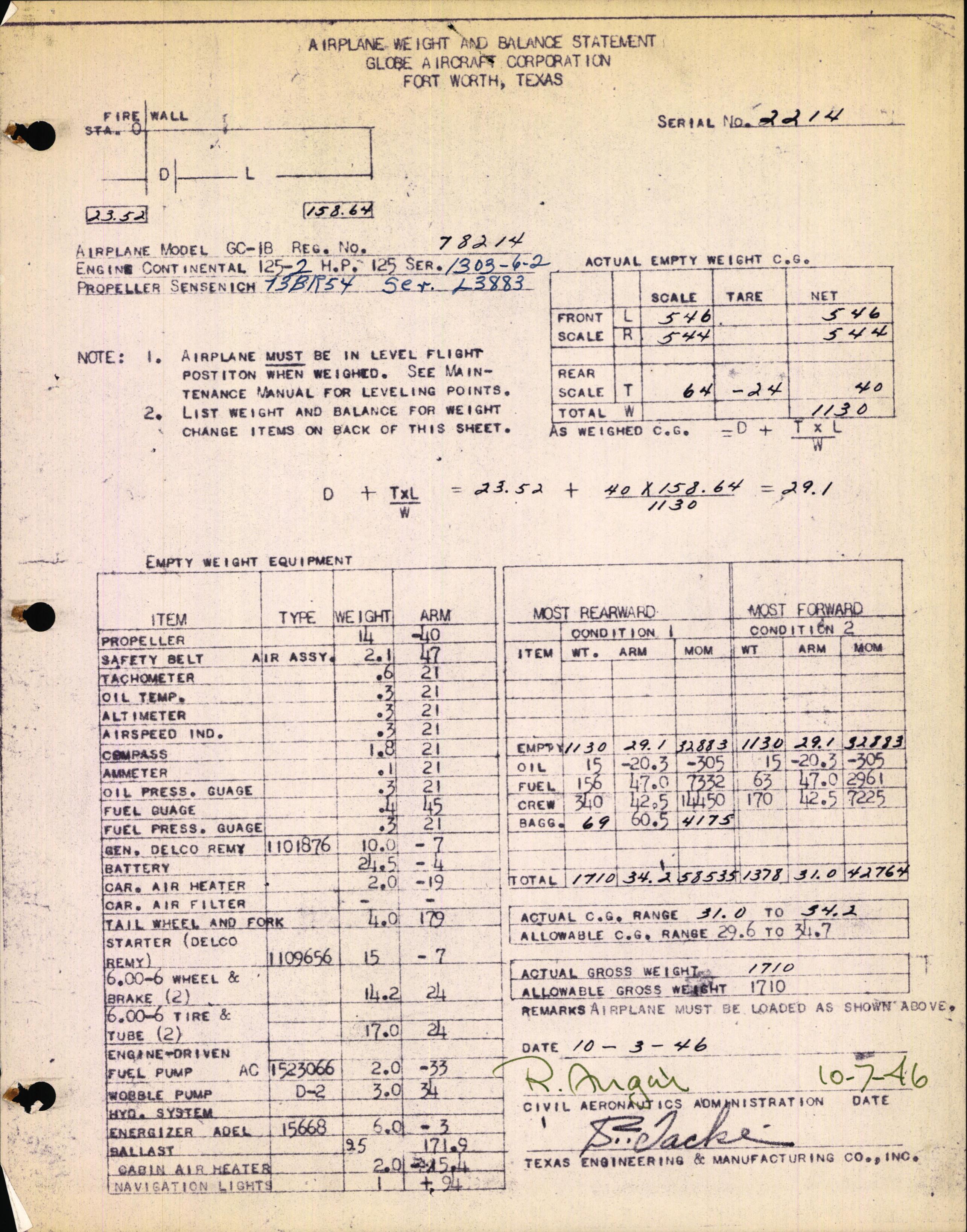 Sample page 1 from AirCorps Library document: Technical Information for Serial Number 2214