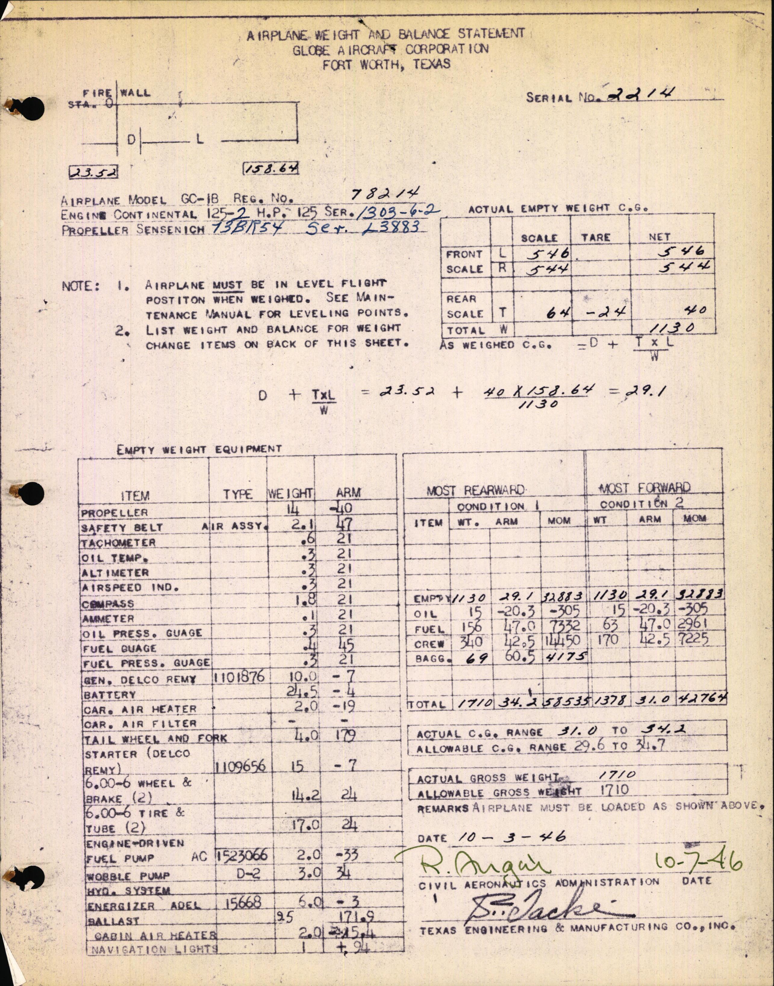 Sample page 1 from AirCorps Library document: Technical Information for Serial Number 2214