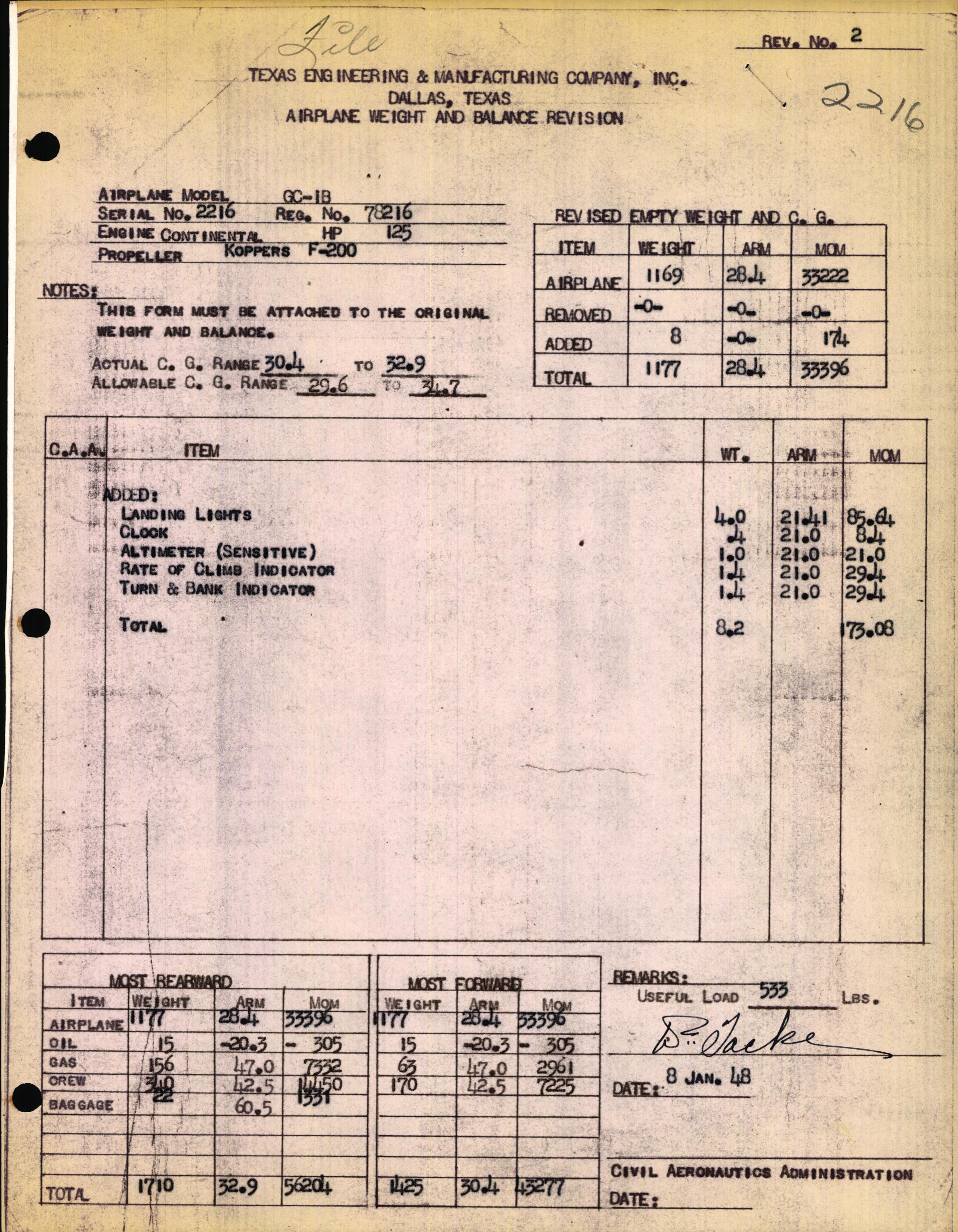 Sample page 1 from AirCorps Library document: Technical Information for Serial Number 2216