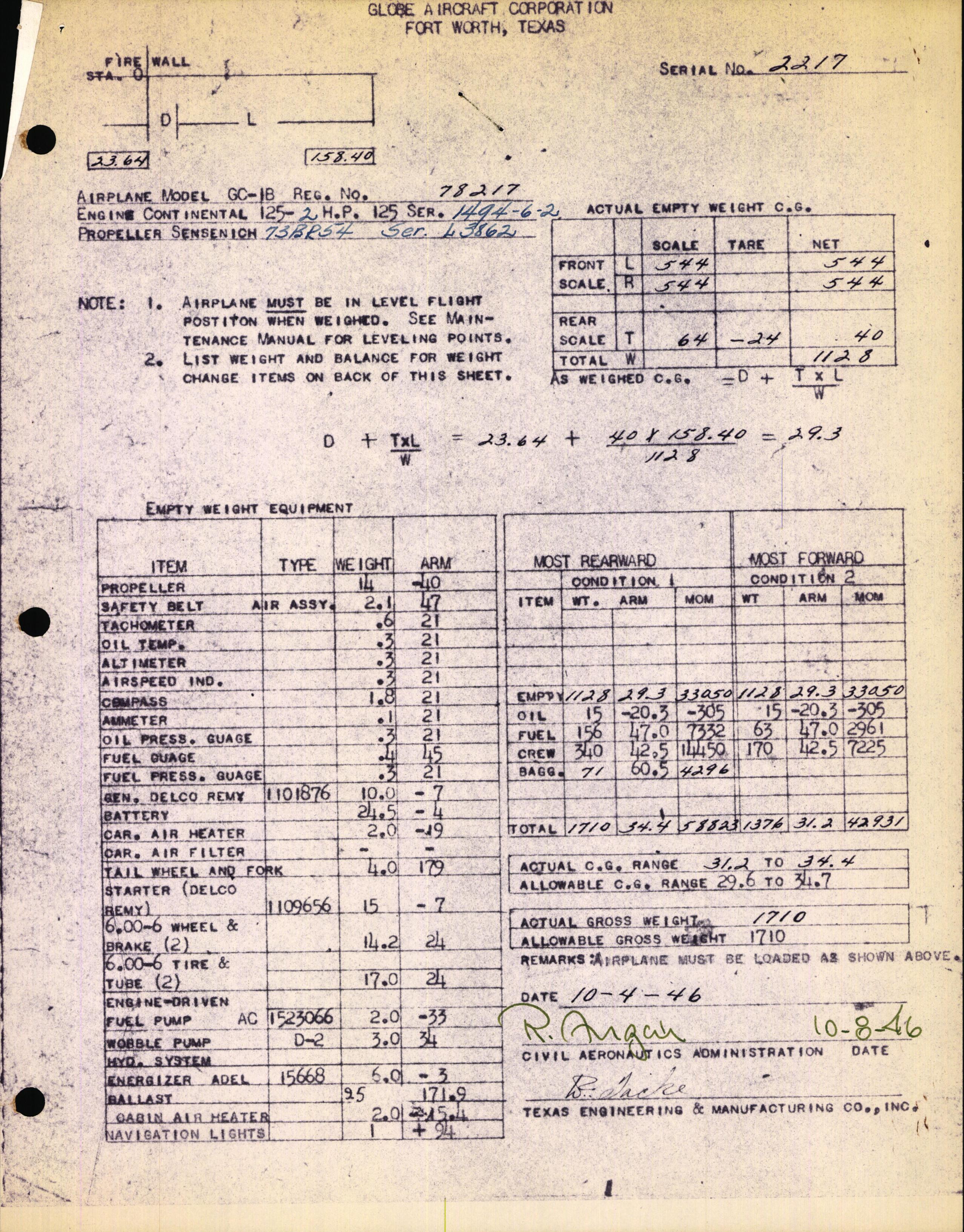 Sample page 1 from AirCorps Library document: Technical Information for Serial Number 2217