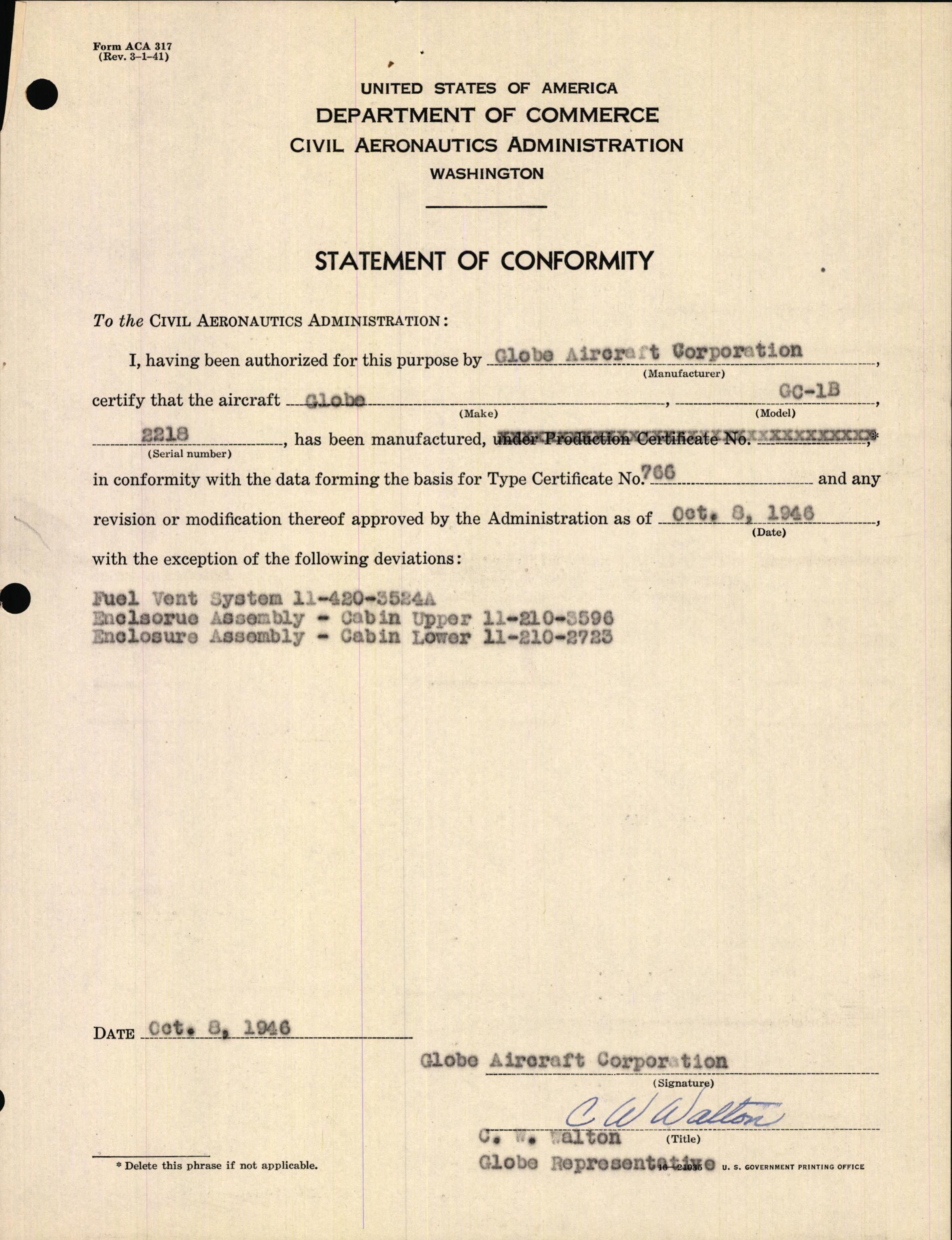 Sample page 1 from AirCorps Library document: Technical Information for Serial Number 2218