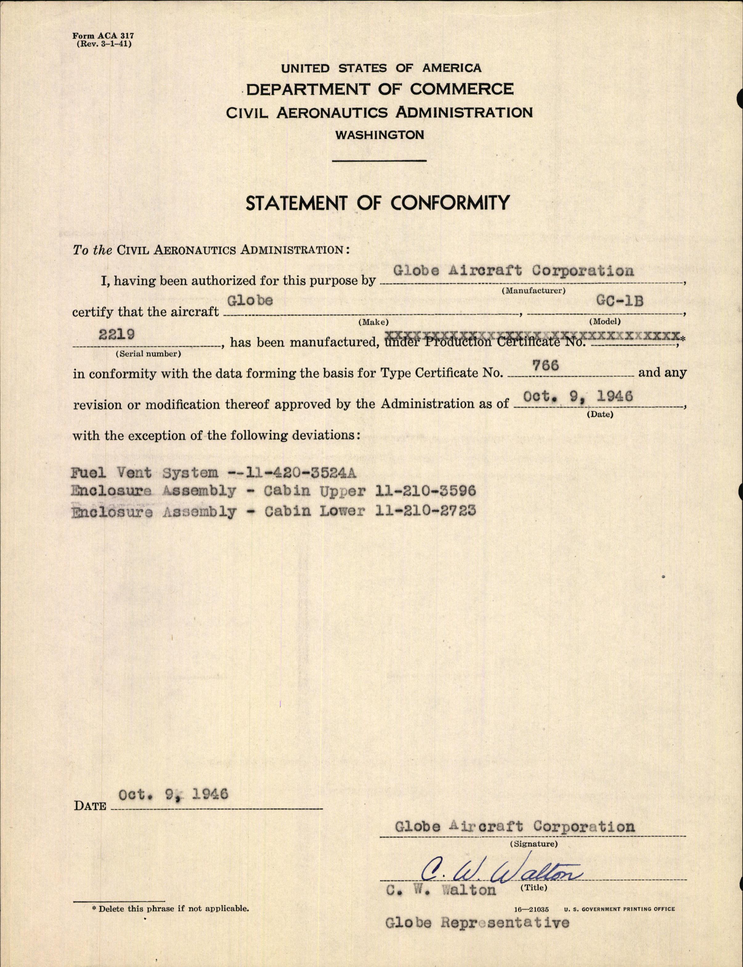 Sample page 1 from AirCorps Library document: Technical Information for Serial Number 2219