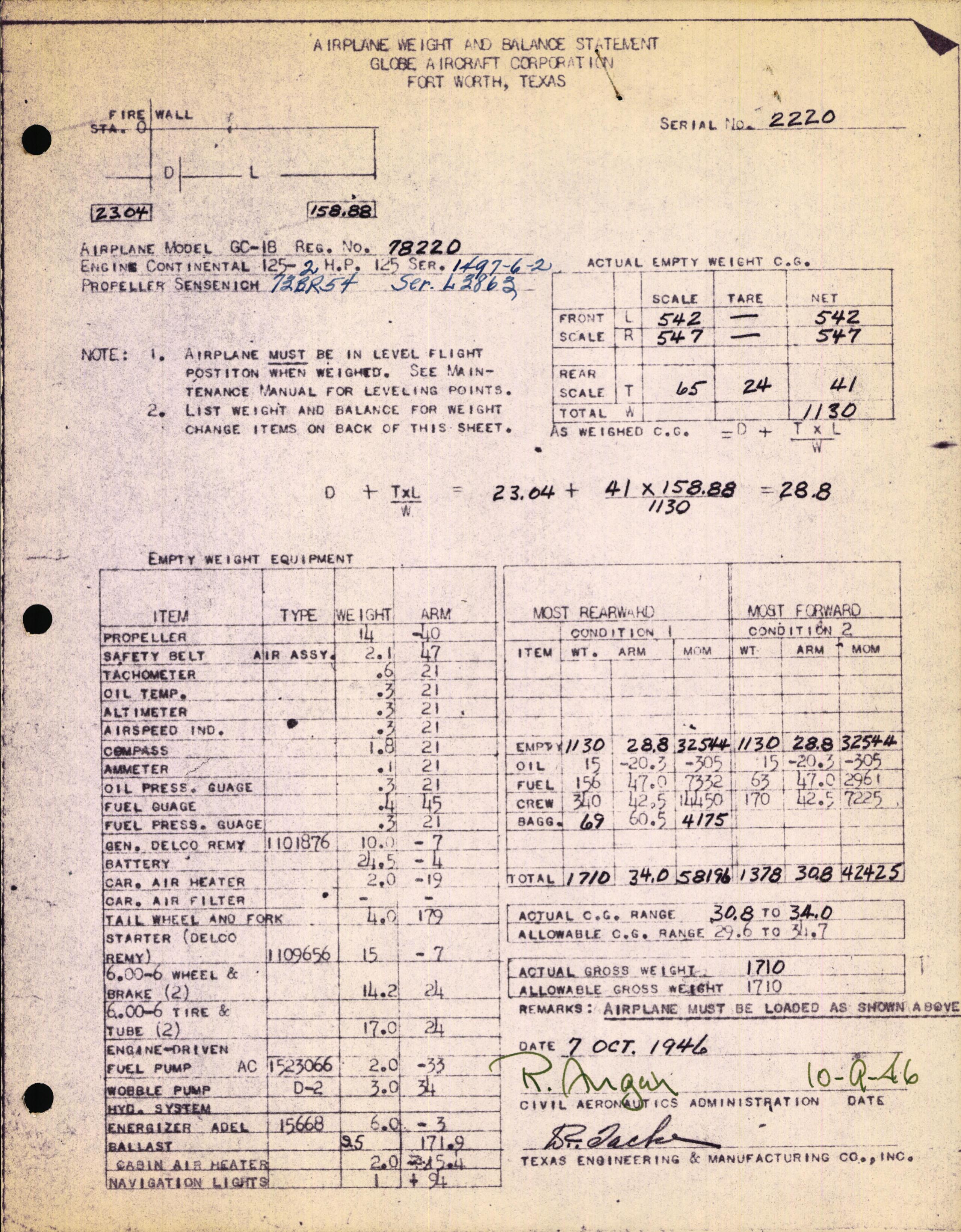 Sample page 1 from AirCorps Library document: Technical Information for Serial Number 2220