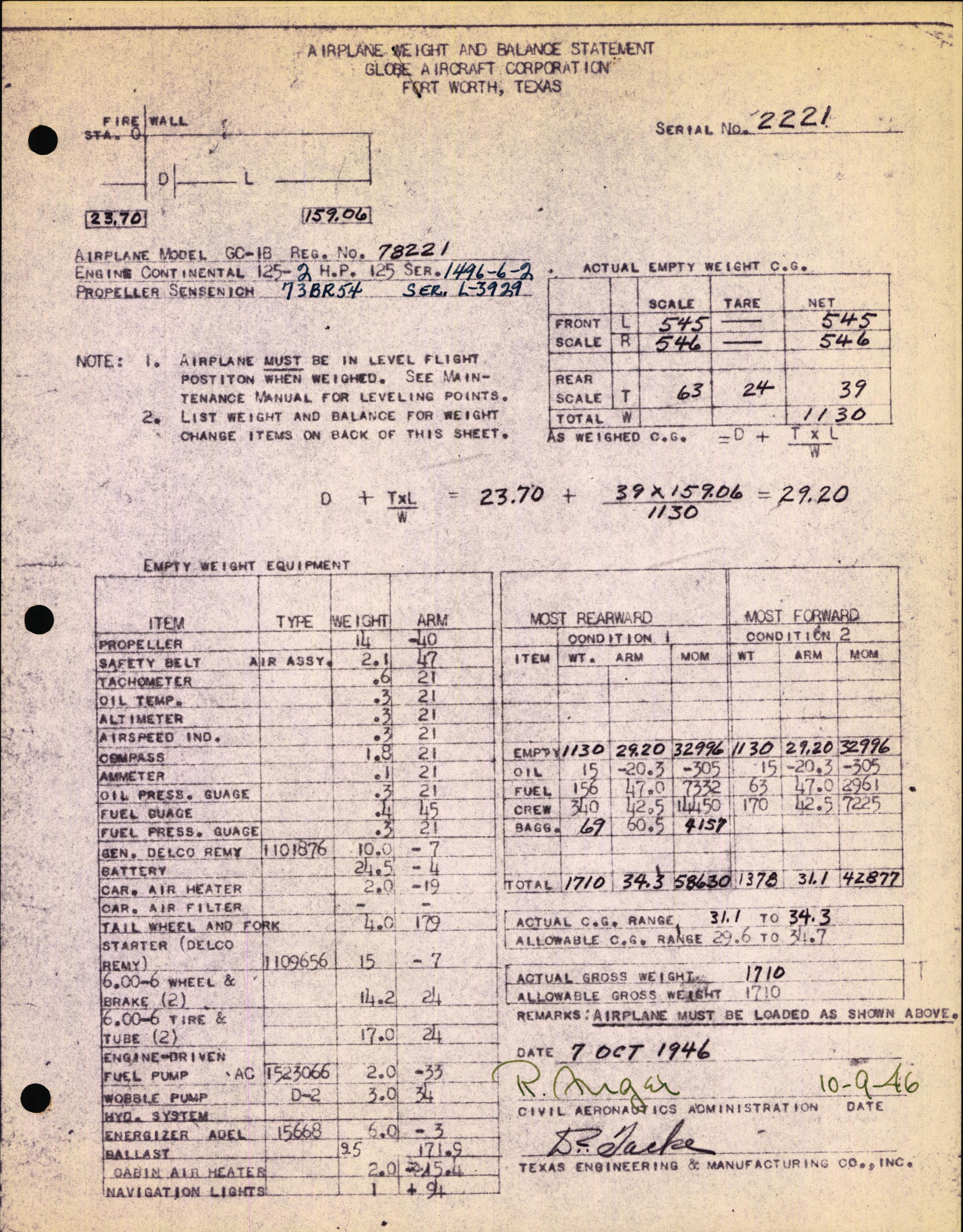 Sample page 1 from AirCorps Library document: Technical Information for Serial Number 2221
