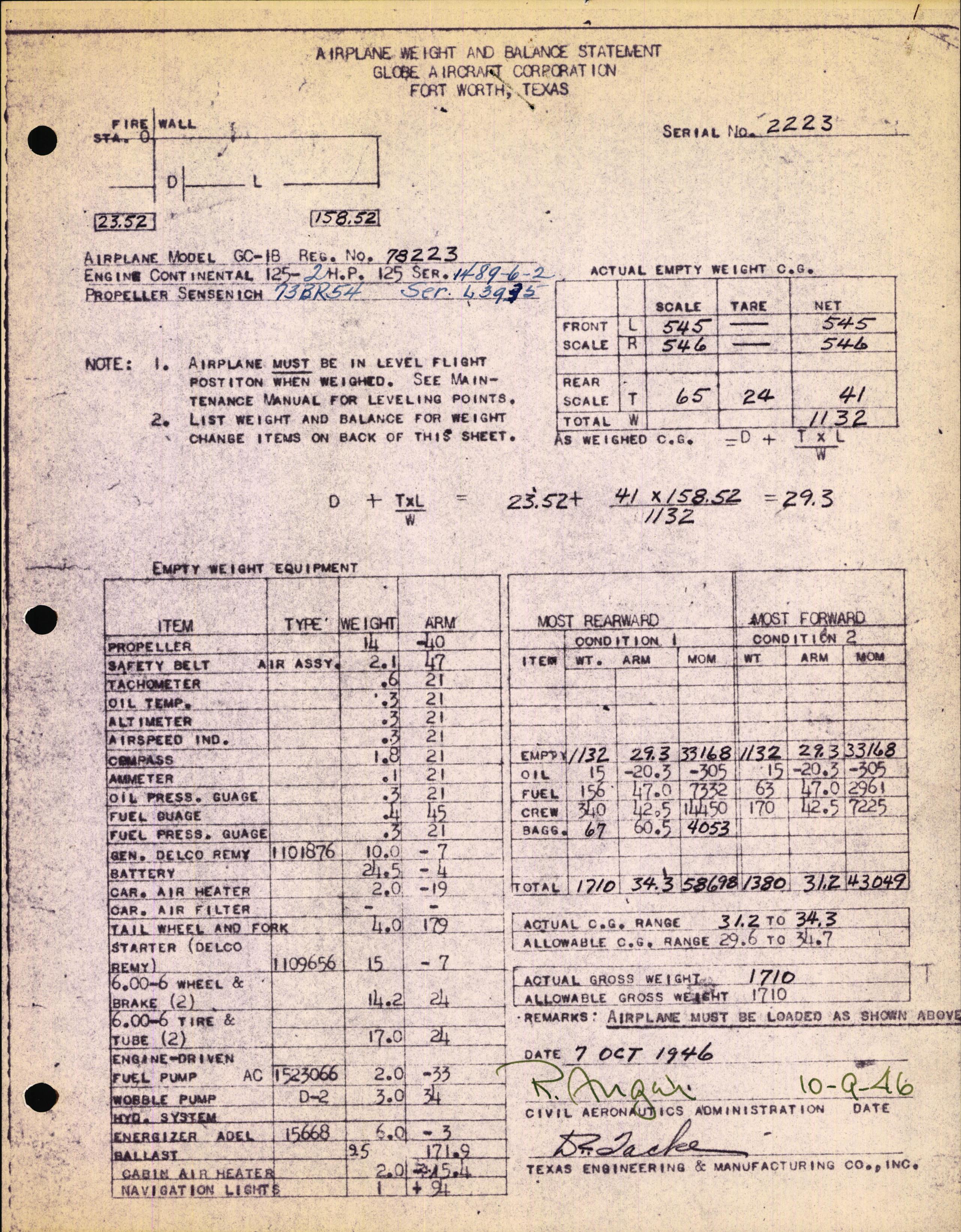 Sample page 1 from AirCorps Library document: Technical Information for Serial Number 2223
