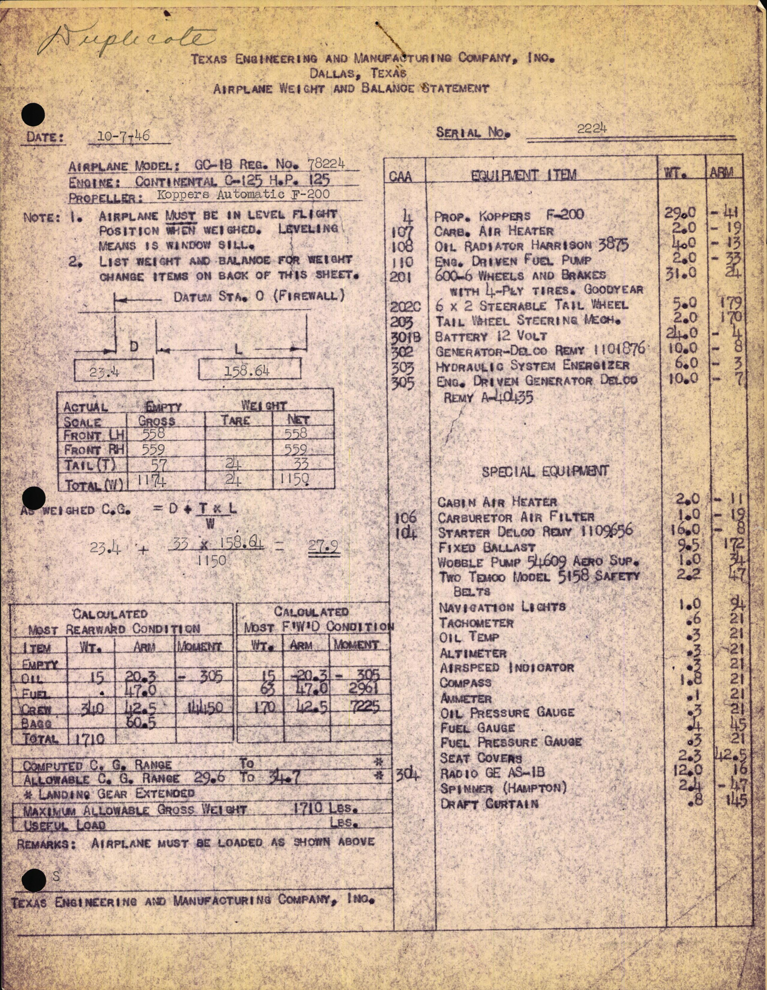 Sample page 1 from AirCorps Library document: Technical Information for Serial Number 2224