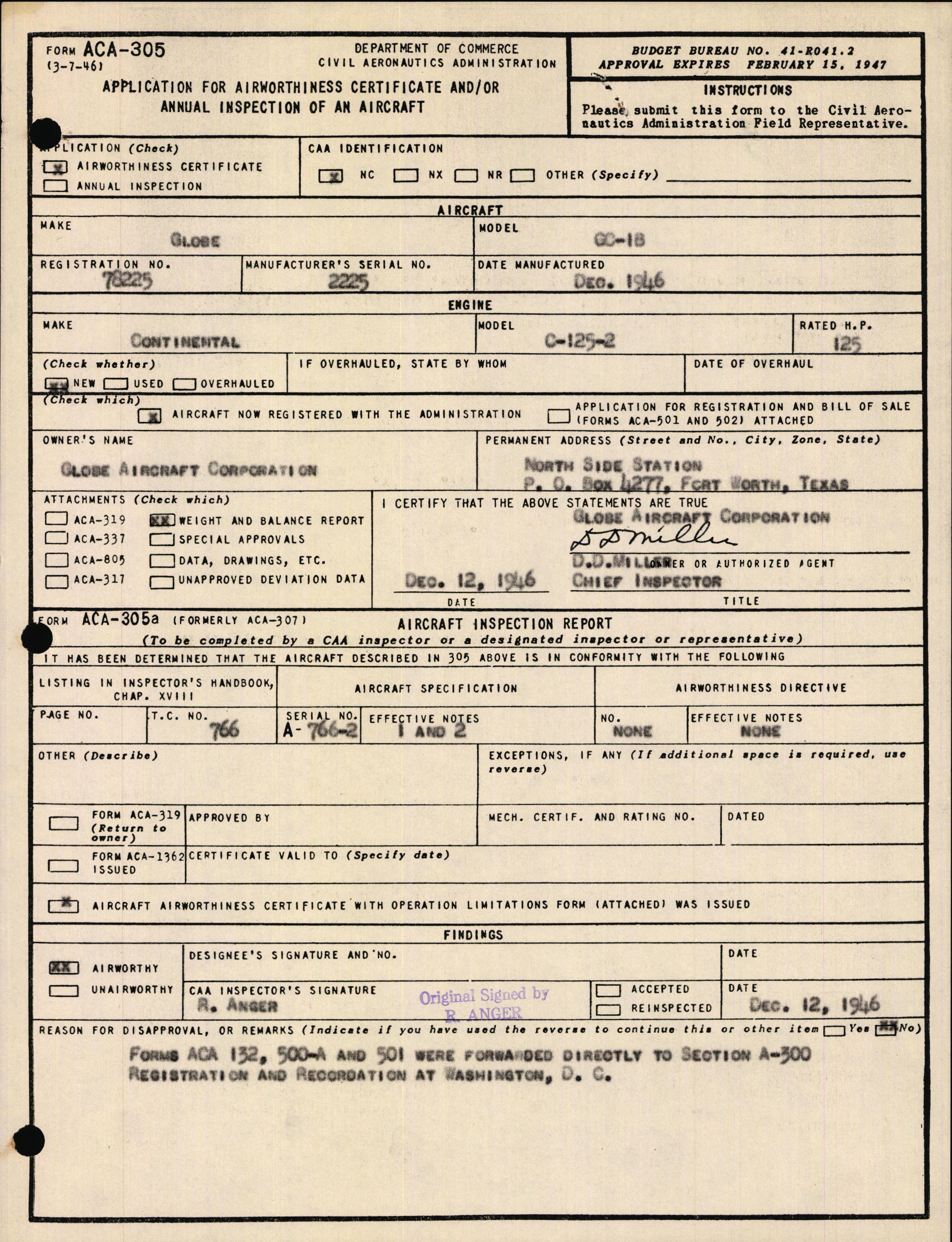 Sample page 1 from AirCorps Library document: Technical Information for Serial Number 2225