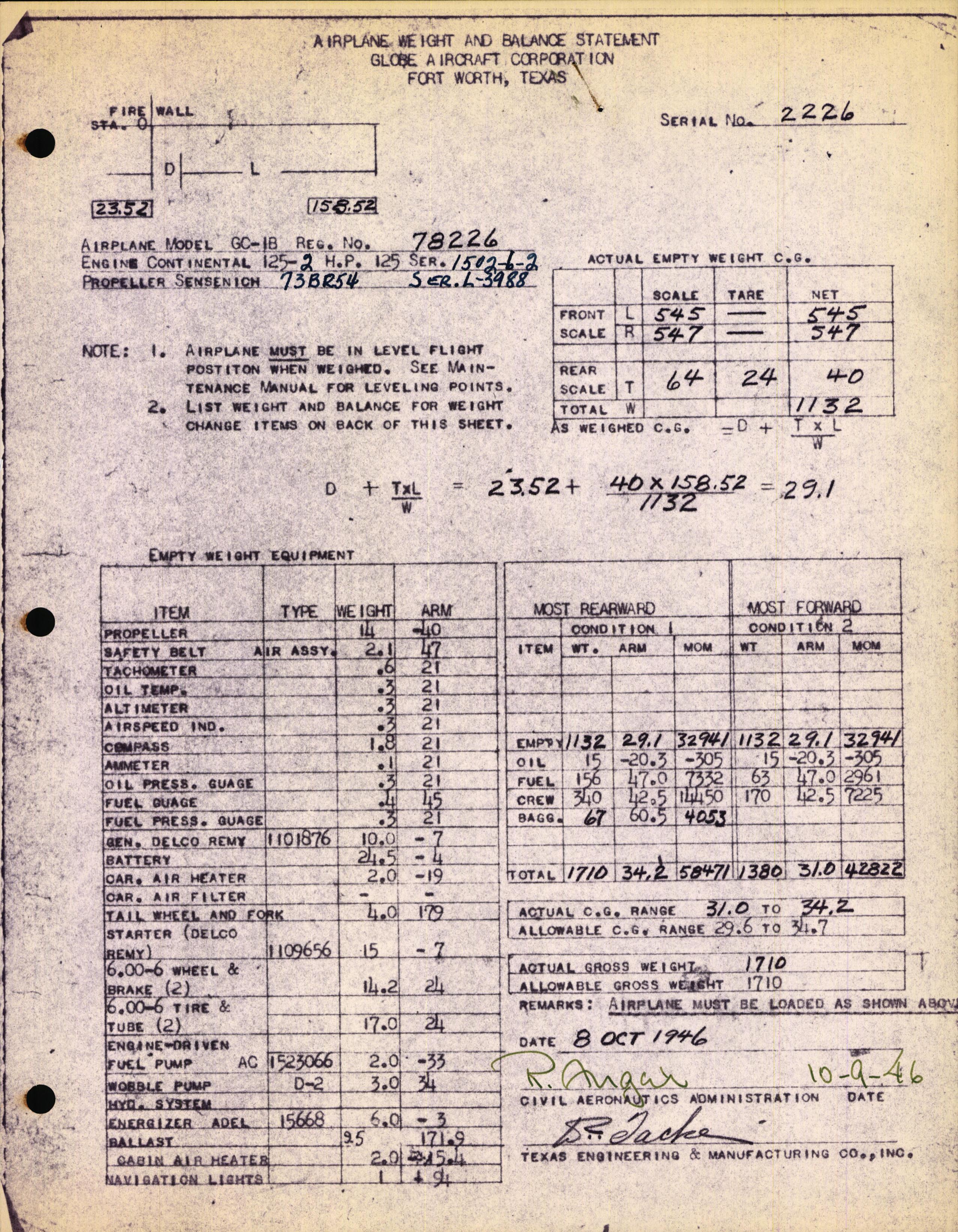 Sample page 1 from AirCorps Library document: Technical Information for Serial Number 2226