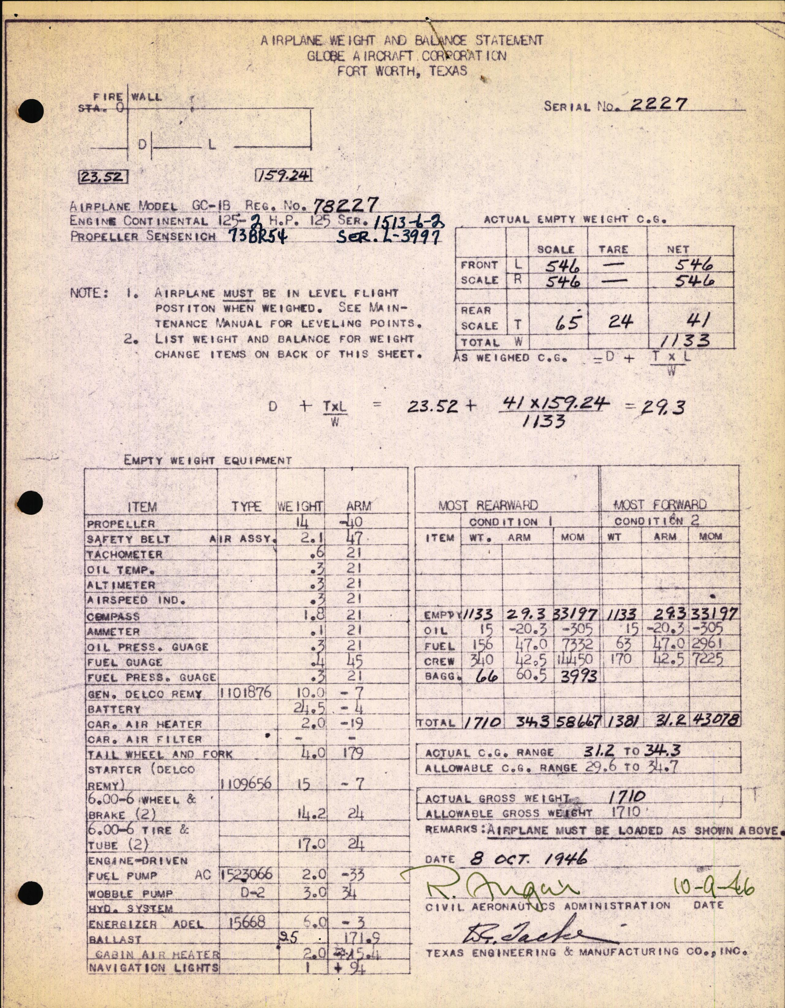 Sample page 1 from AirCorps Library document: Technical Information for Serial Number 2227