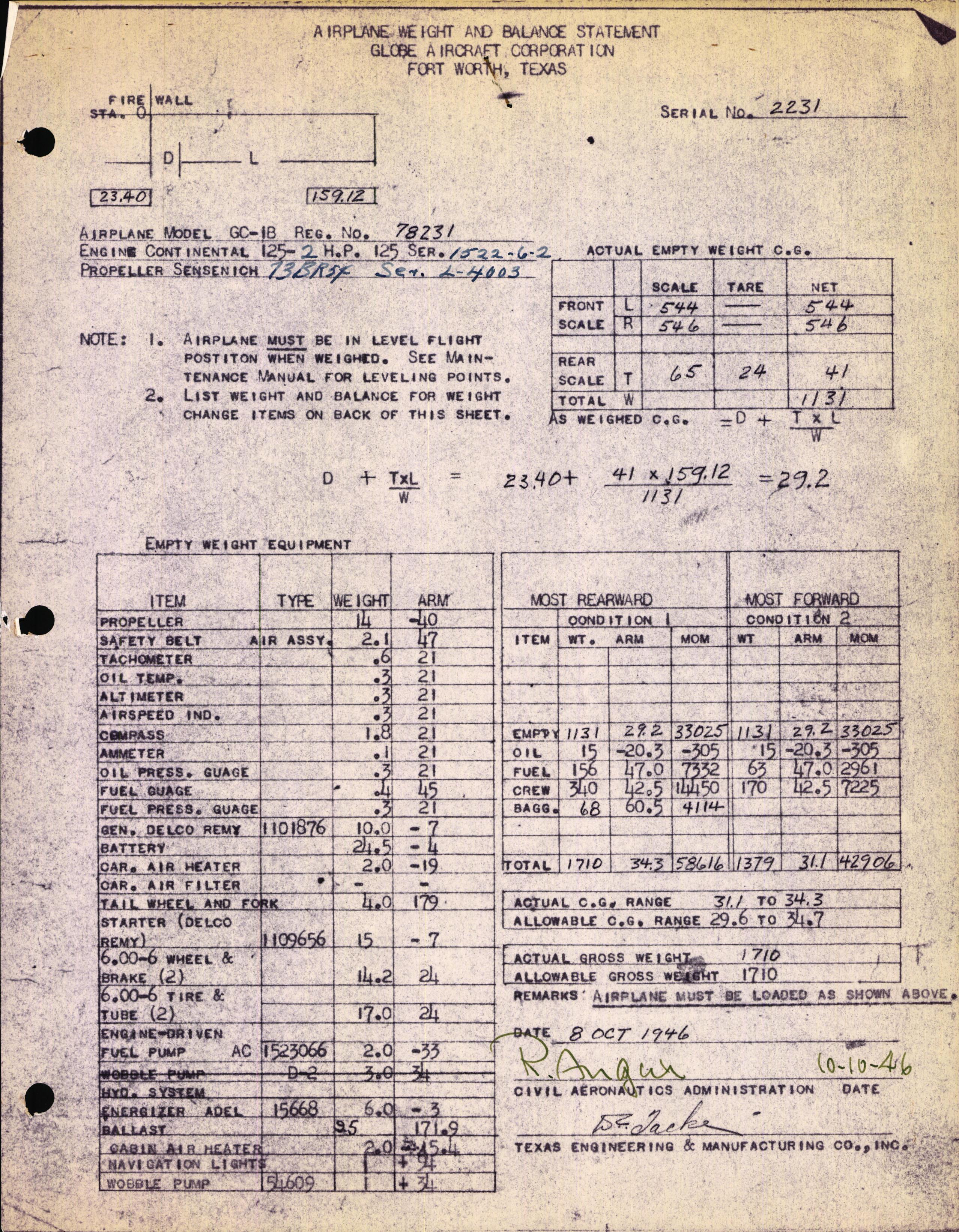 Sample page 1 from AirCorps Library document: Technical Information for Serial Number 2231