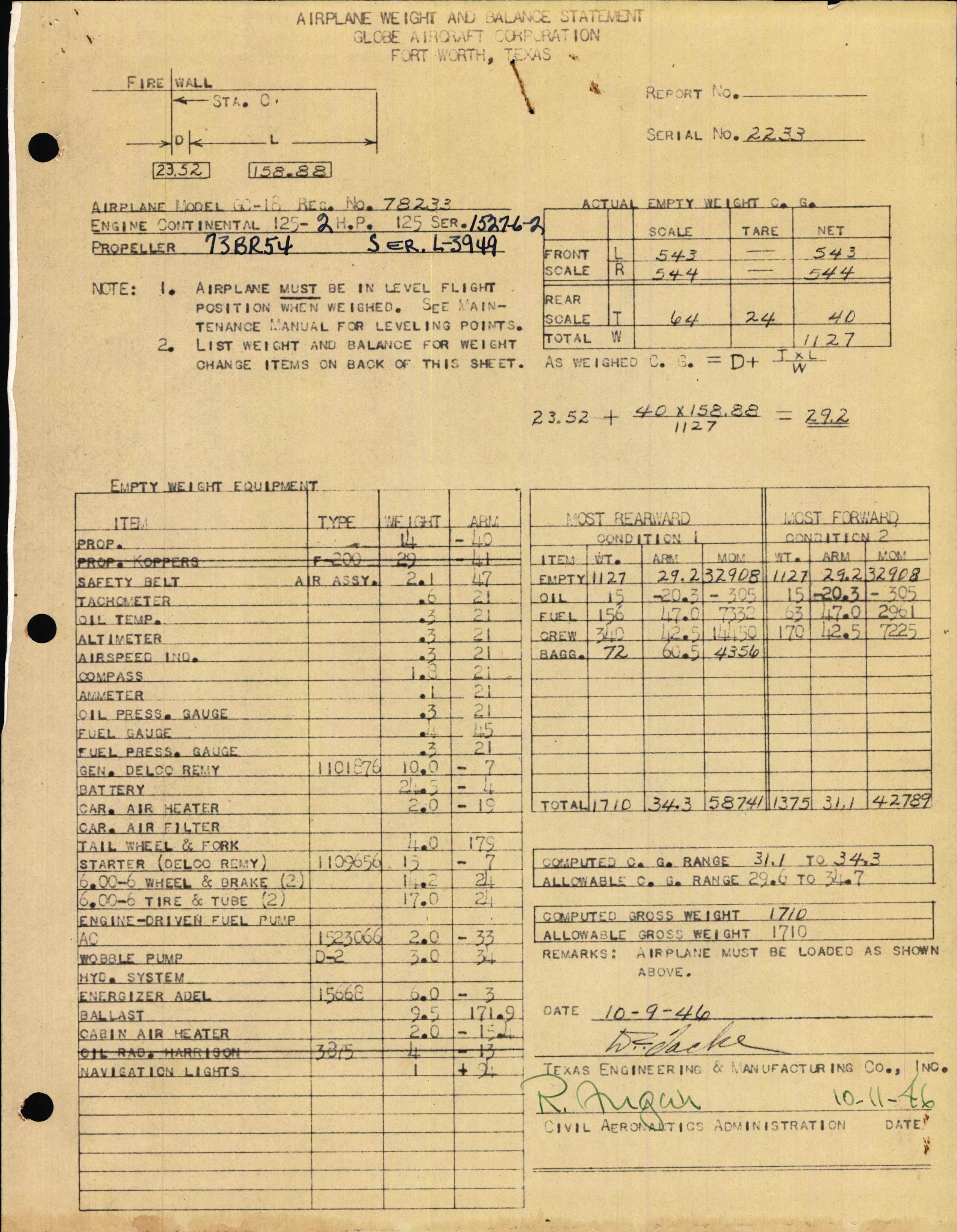 Sample page 1 from AirCorps Library document: Technical Information for Serial Number 2233