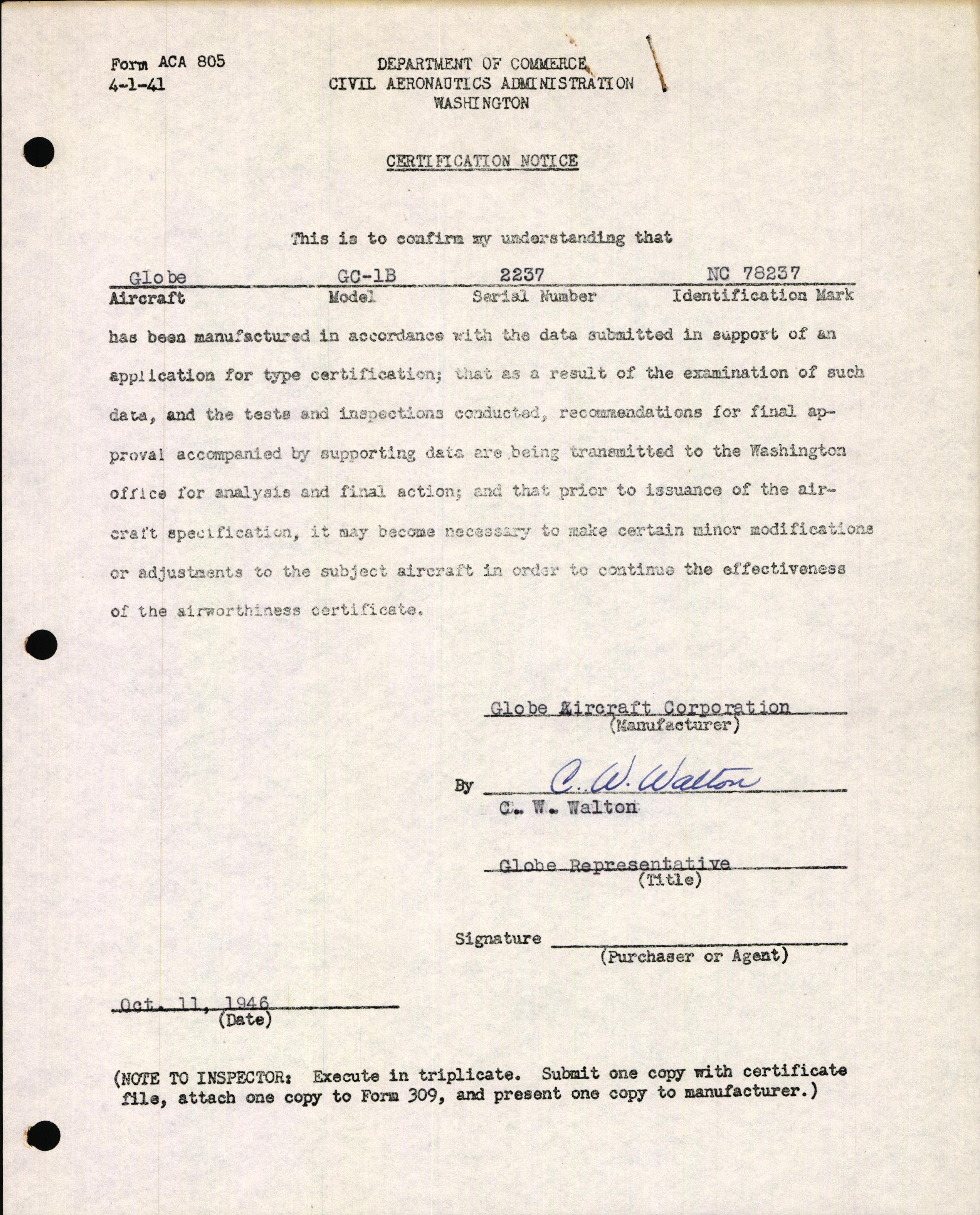 Sample page 1 from AirCorps Library document: Technical Information for Serial Number 2237