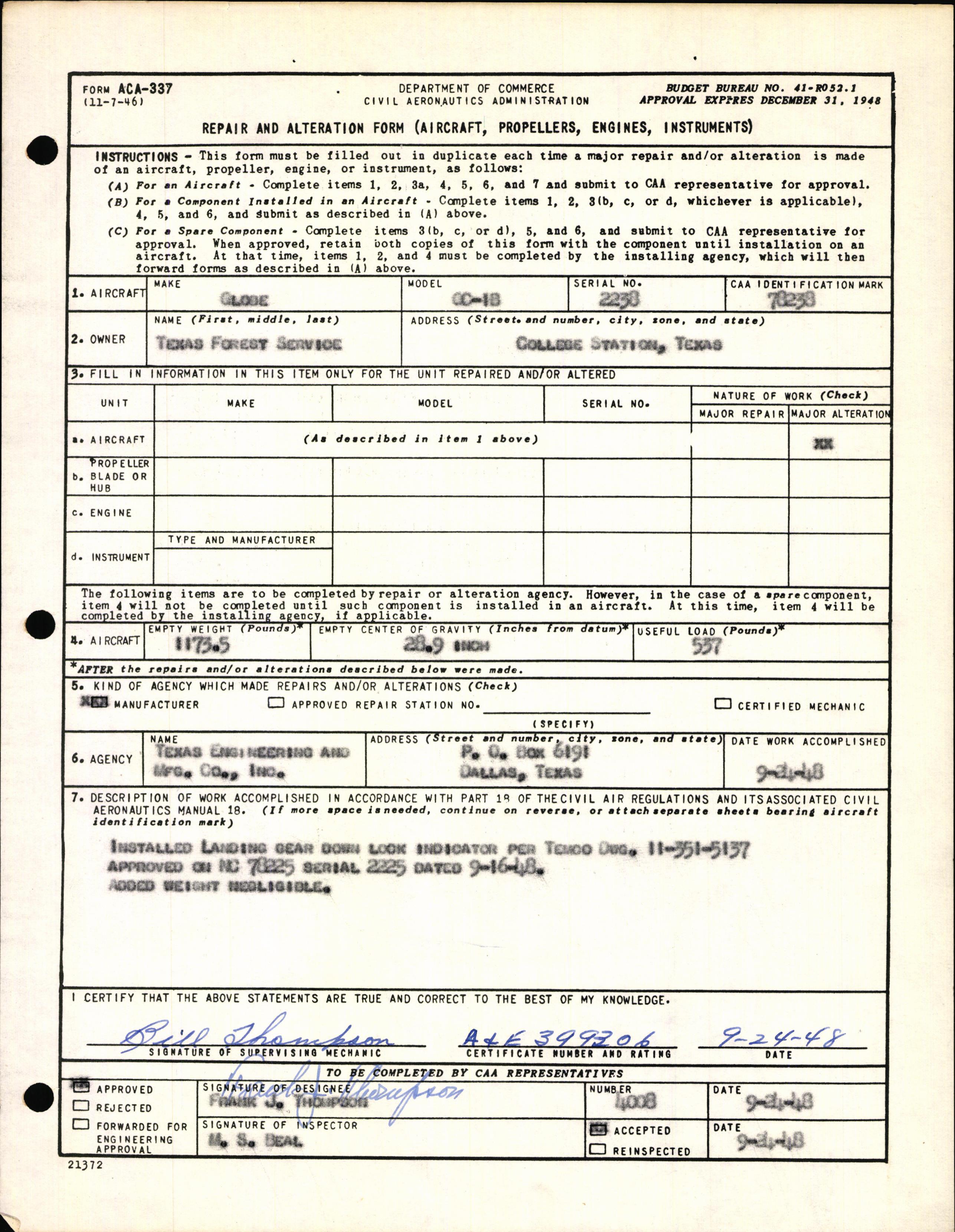 Sample page 1 from AirCorps Library document: Technical Information for Serial Number 2238