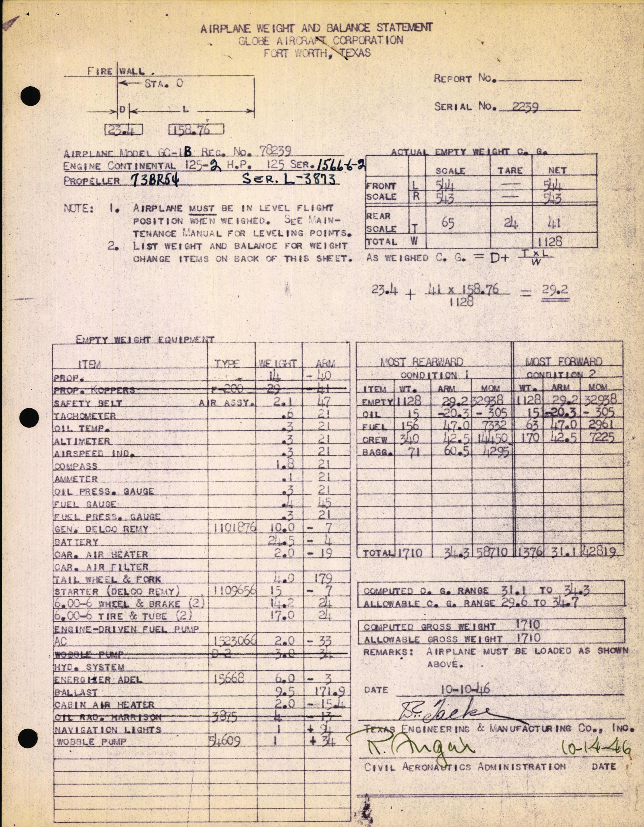 Sample page 1 from AirCorps Library document: Technical Information for Serial Number 2239