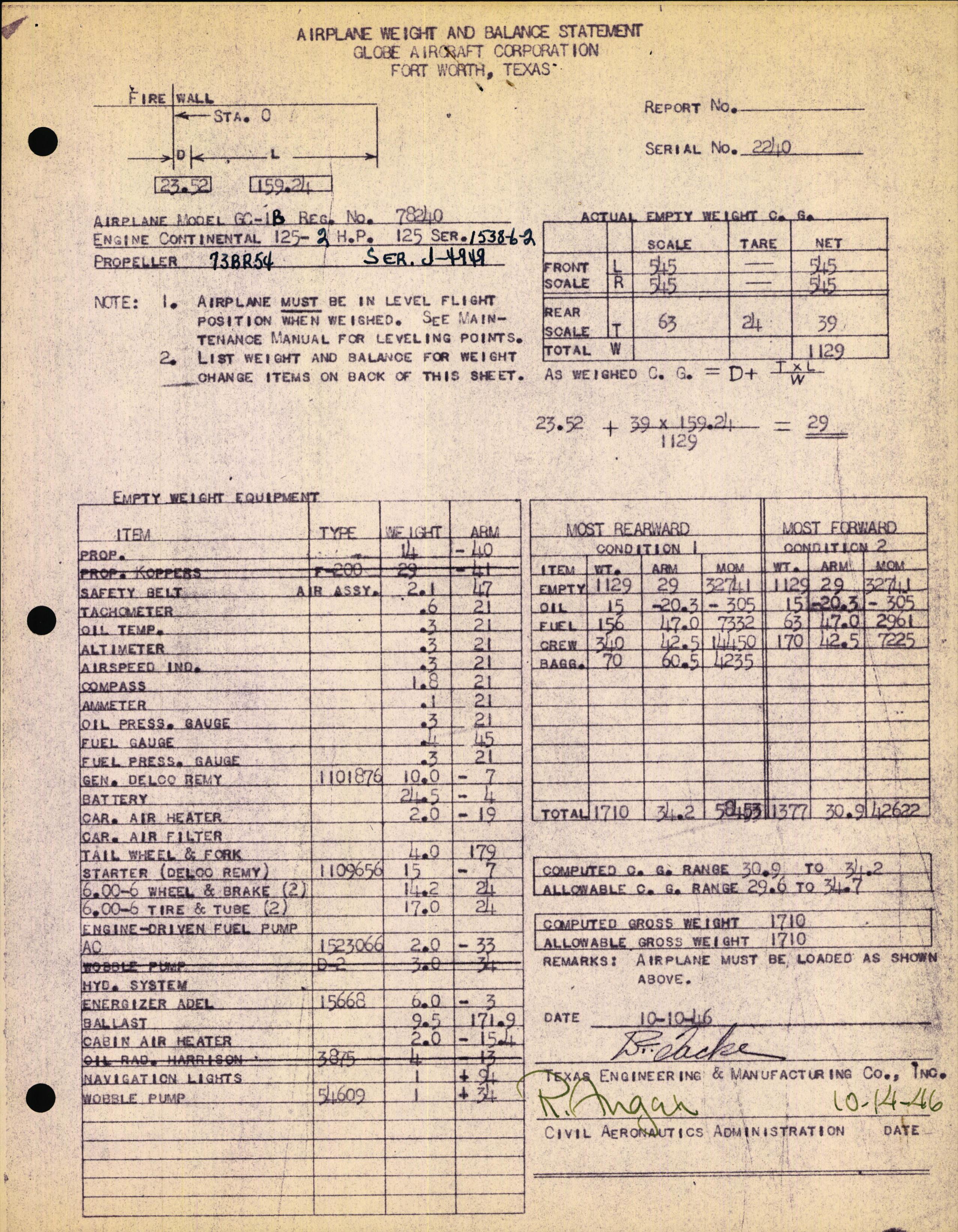 Sample page 1 from AirCorps Library document: Technical Information for Serial Number 2240