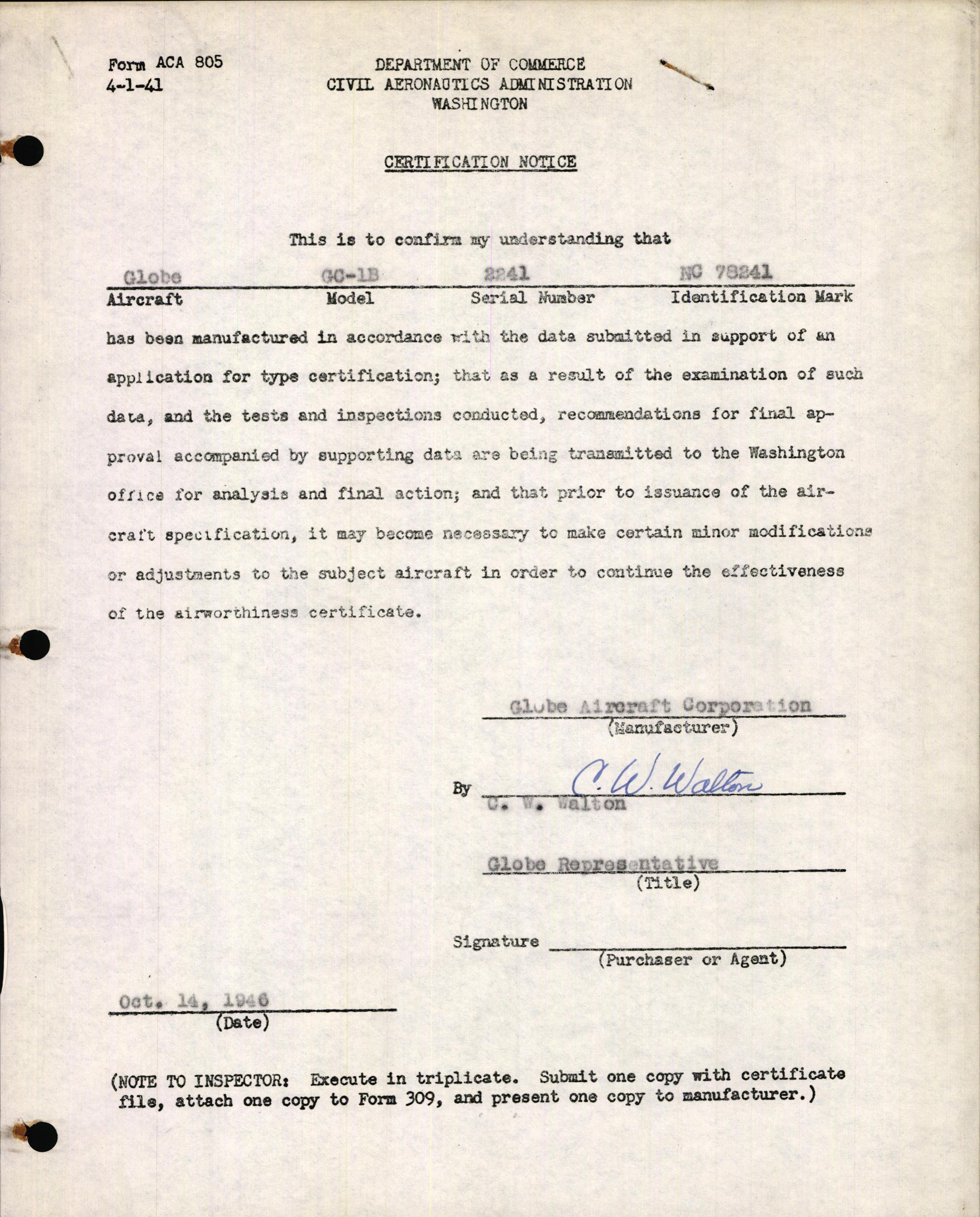 Sample page 1 from AirCorps Library document: Technical Information for Serial Number 2241