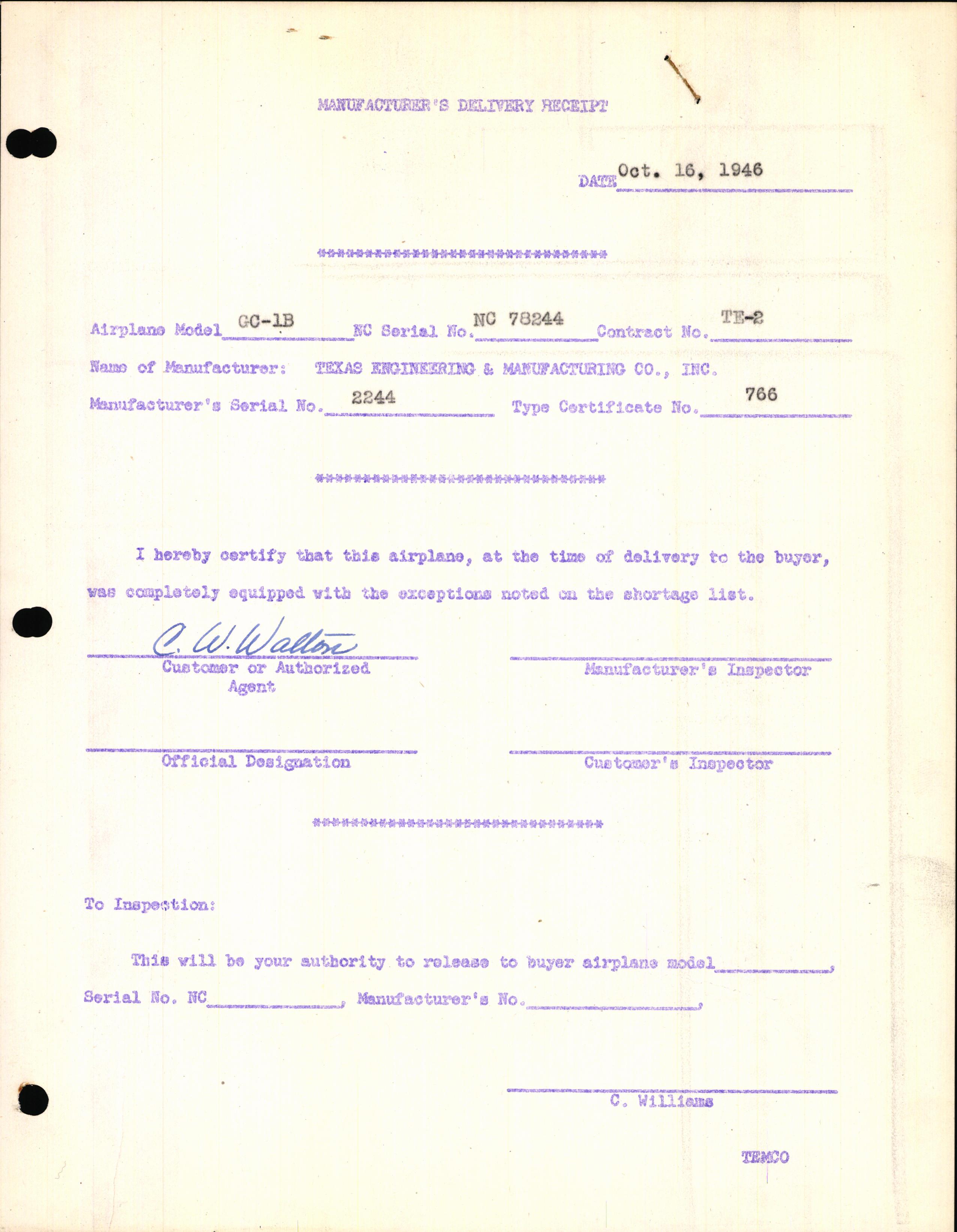 Sample page 1 from AirCorps Library document: Technical Information for Serial Number 2244