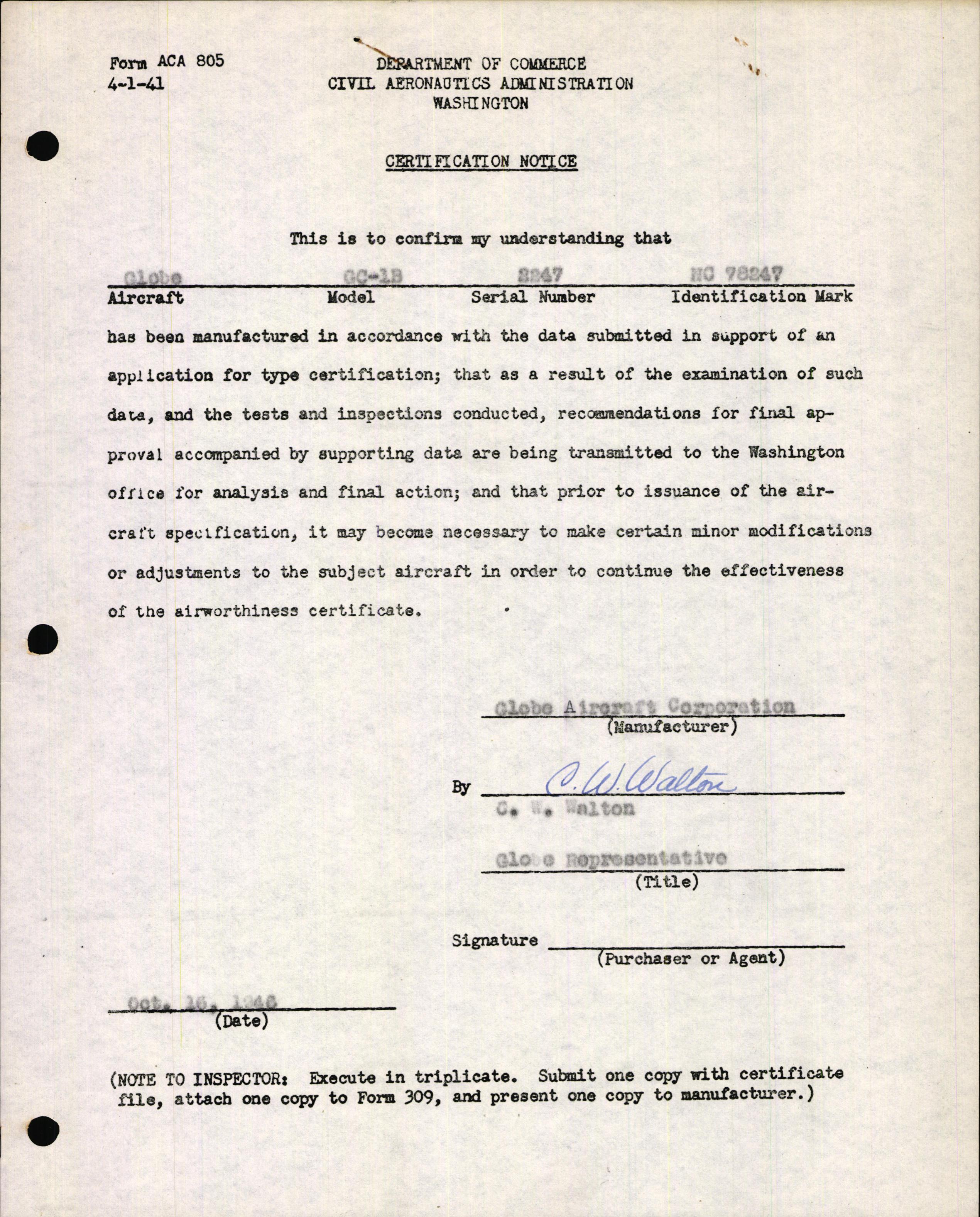Sample page 1 from AirCorps Library document: Technical Information for Serial Number 2247