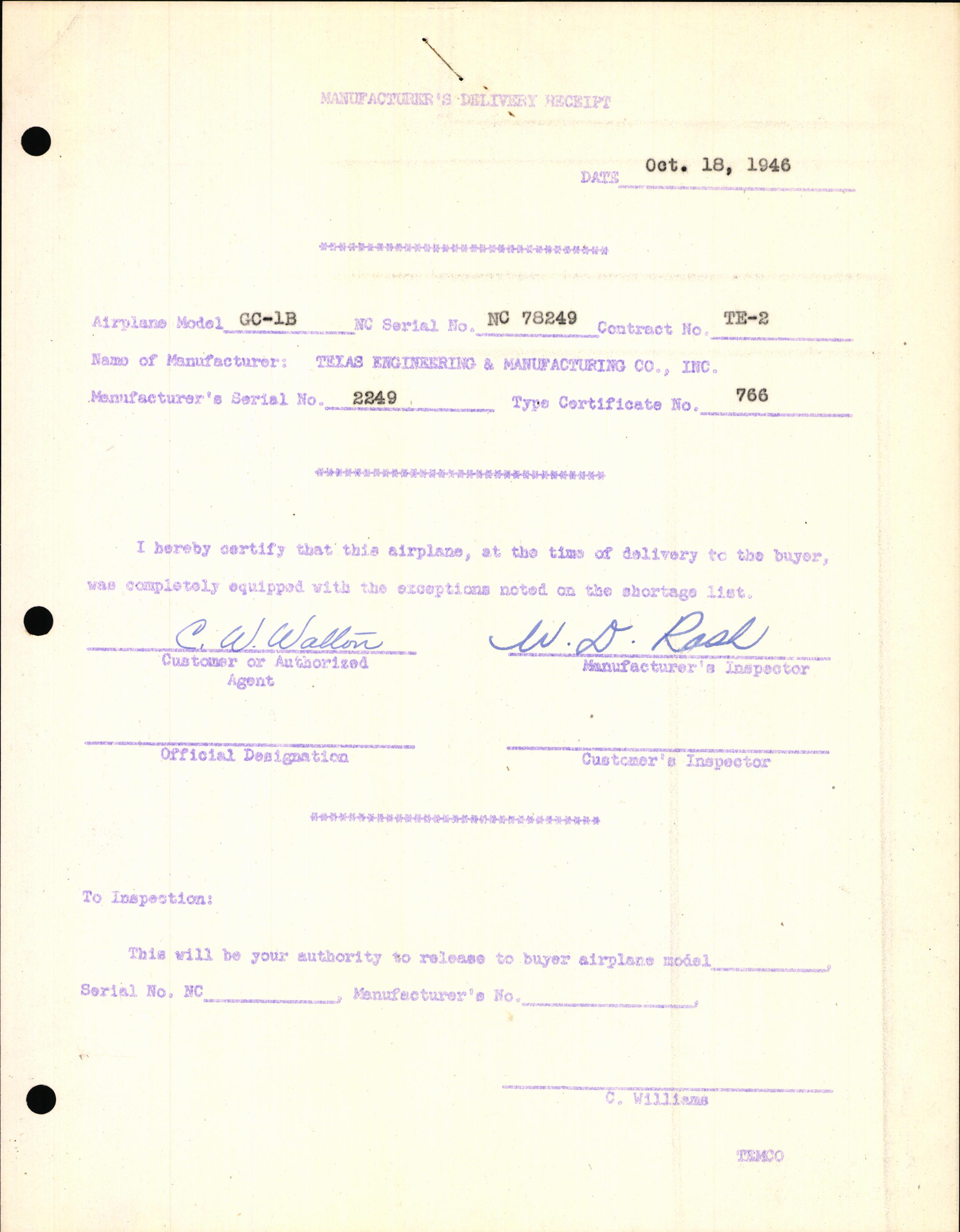 Sample page 1 from AirCorps Library document: Technical Information for Serial Number 2249