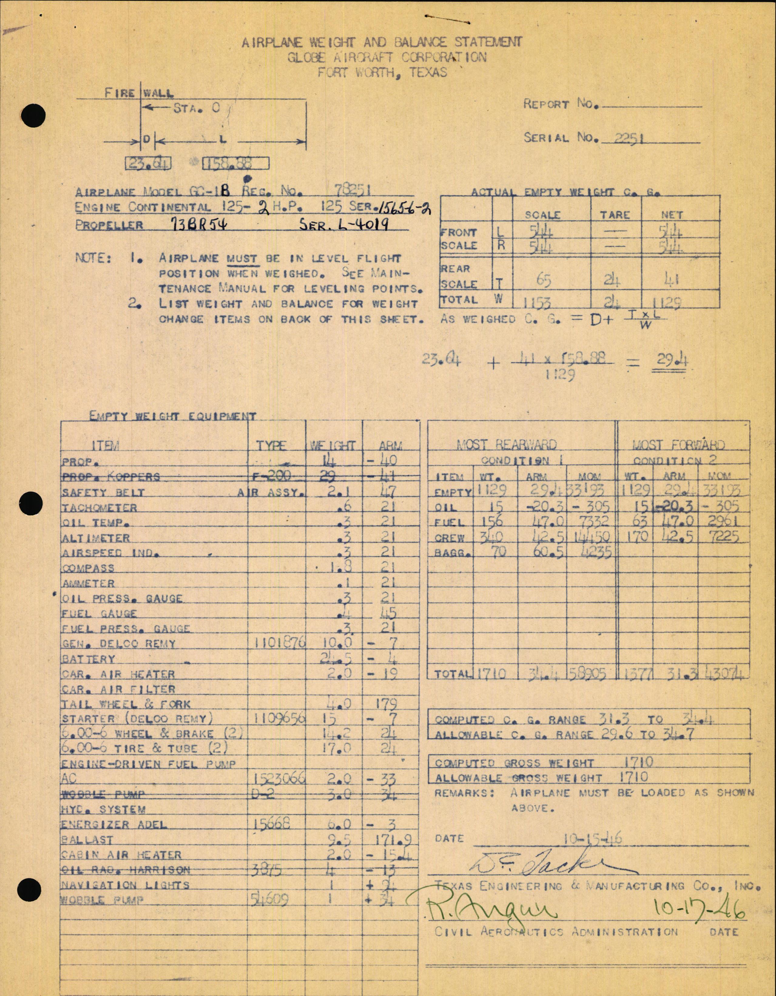 Sample page 1 from AirCorps Library document: Technical Information for Serial Number 2251