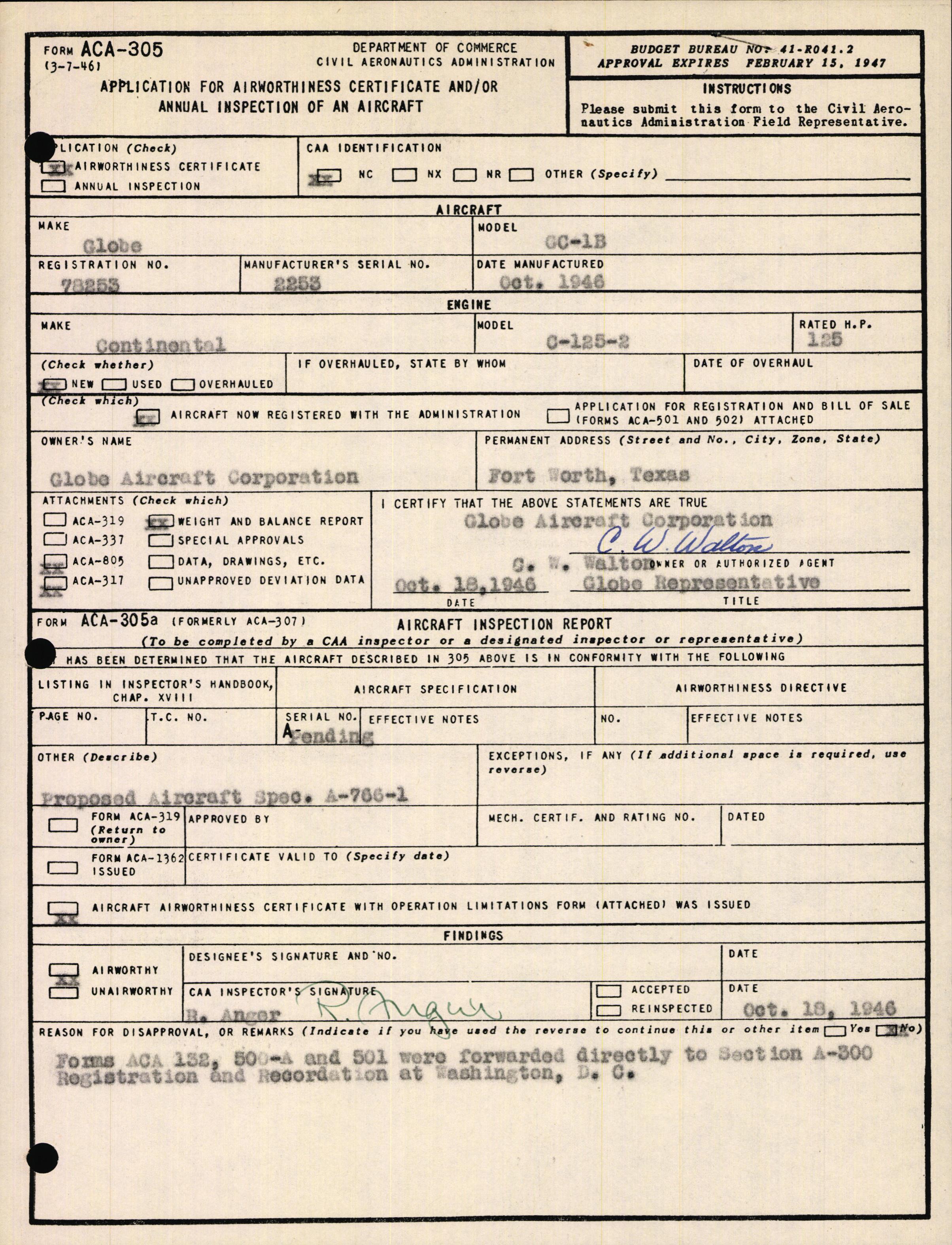 Sample page 1 from AirCorps Library document: Technical Information for Serial Number 2253