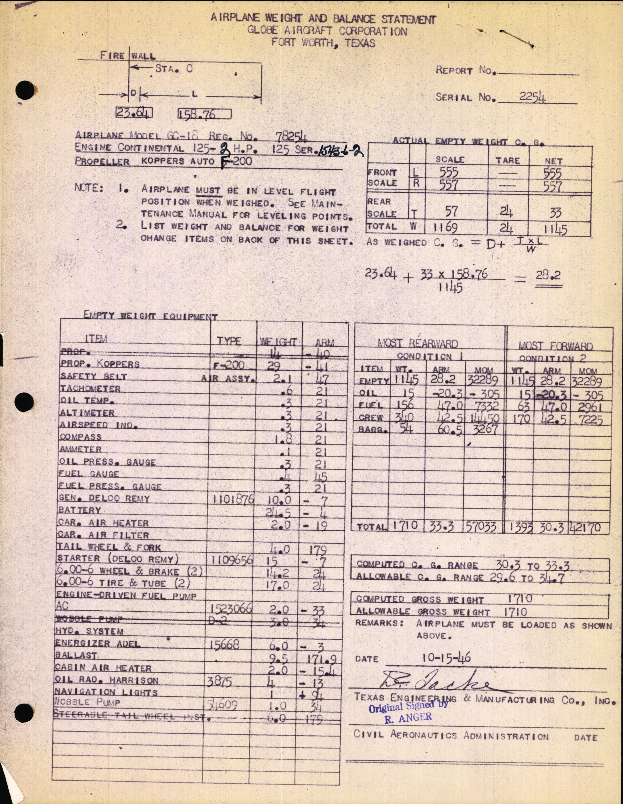 Sample page 1 from AirCorps Library document: Technical Information for Serial Number 2254