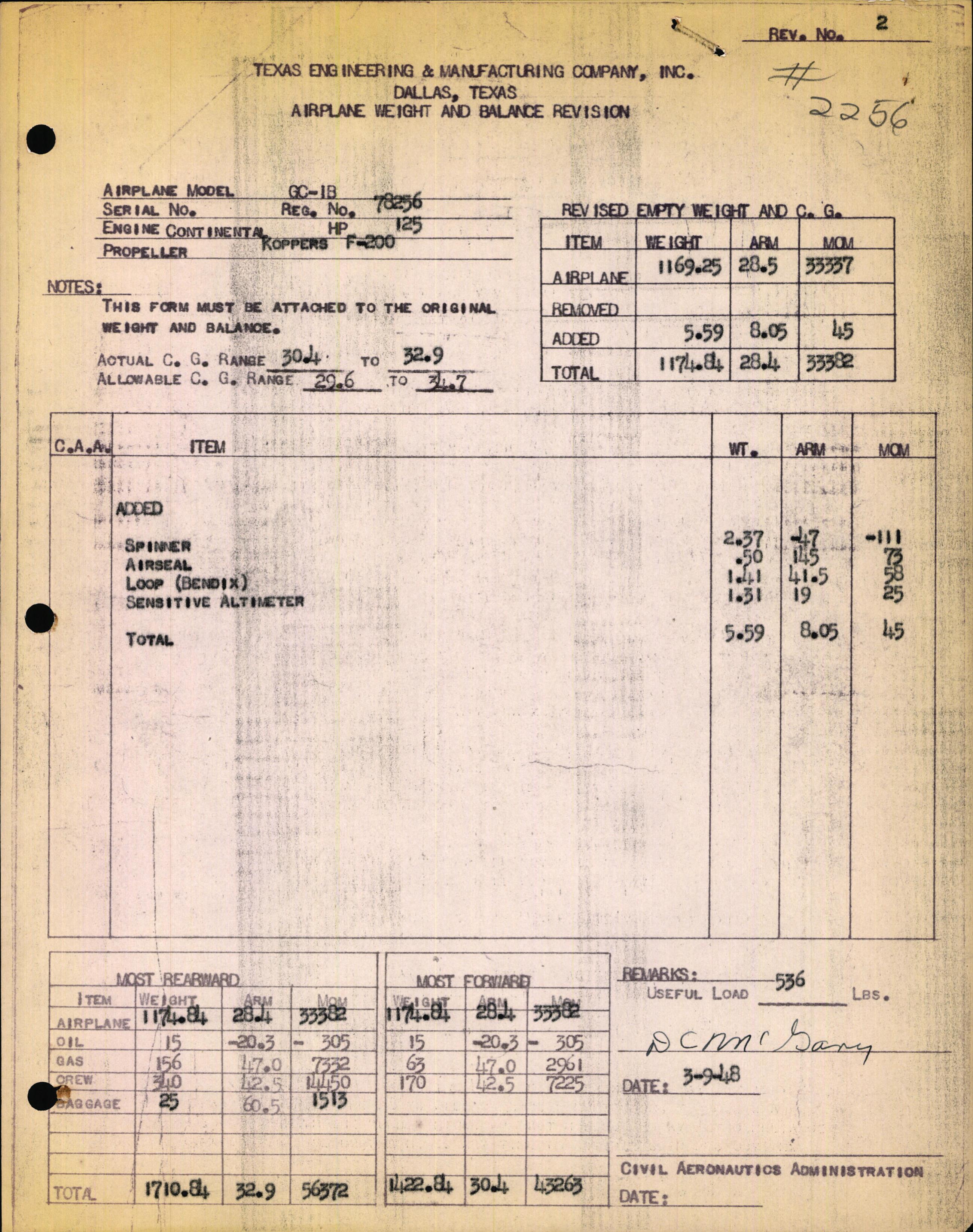 Sample page 1 from AirCorps Library document: Technical Information for Serial Number 2256