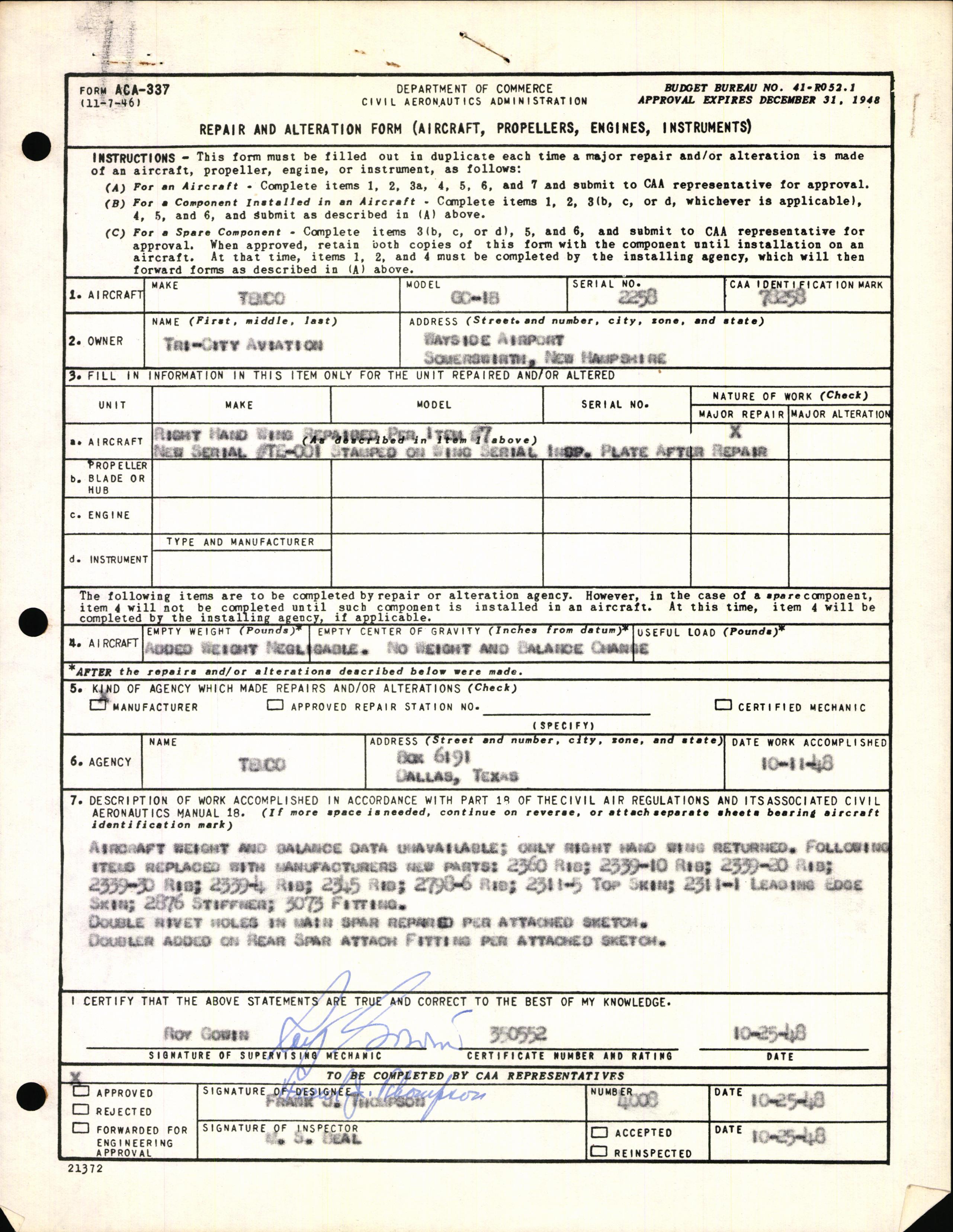 Sample page 1 from AirCorps Library document: Technical Information for Serial Number 2258