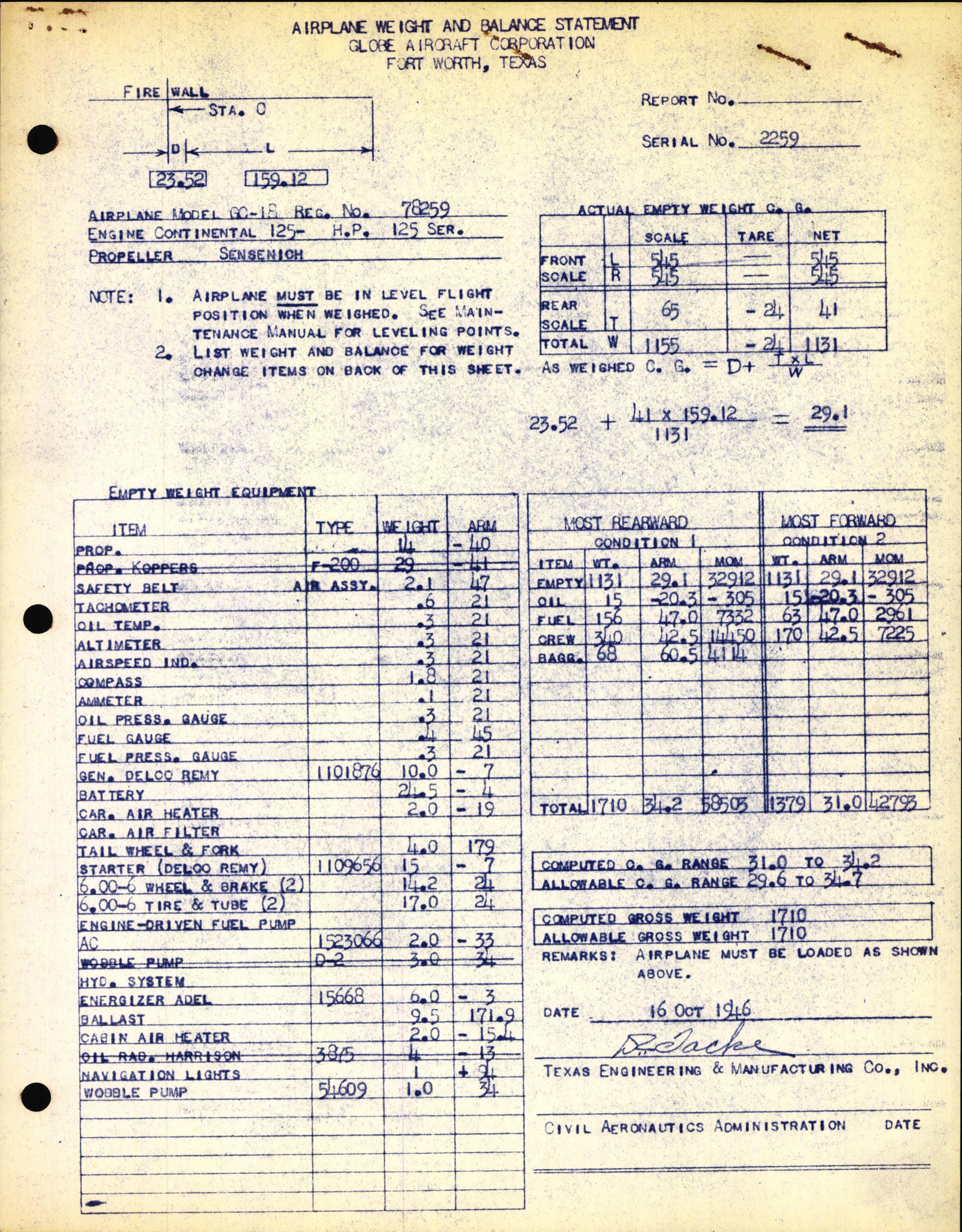 Sample page 1 from AirCorps Library document: Technical Information for Serial Number 2259