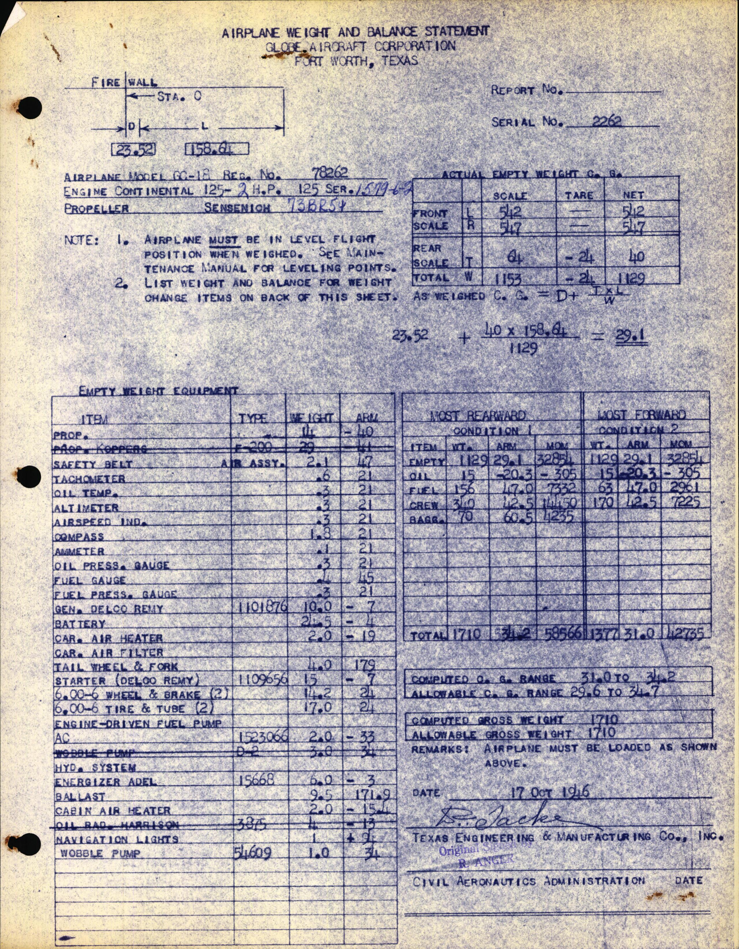 Sample page 1 from AirCorps Library document: Technical Information for Serial Number 2262
