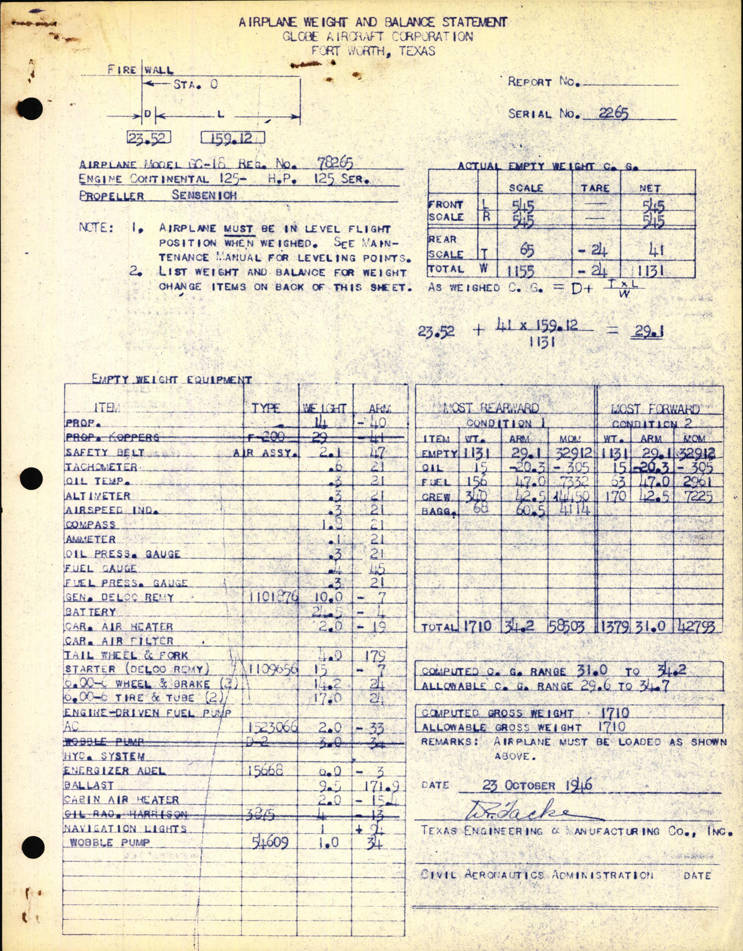 Sample page 1 from AirCorps Library document: Technical Information for Serial Number 2265