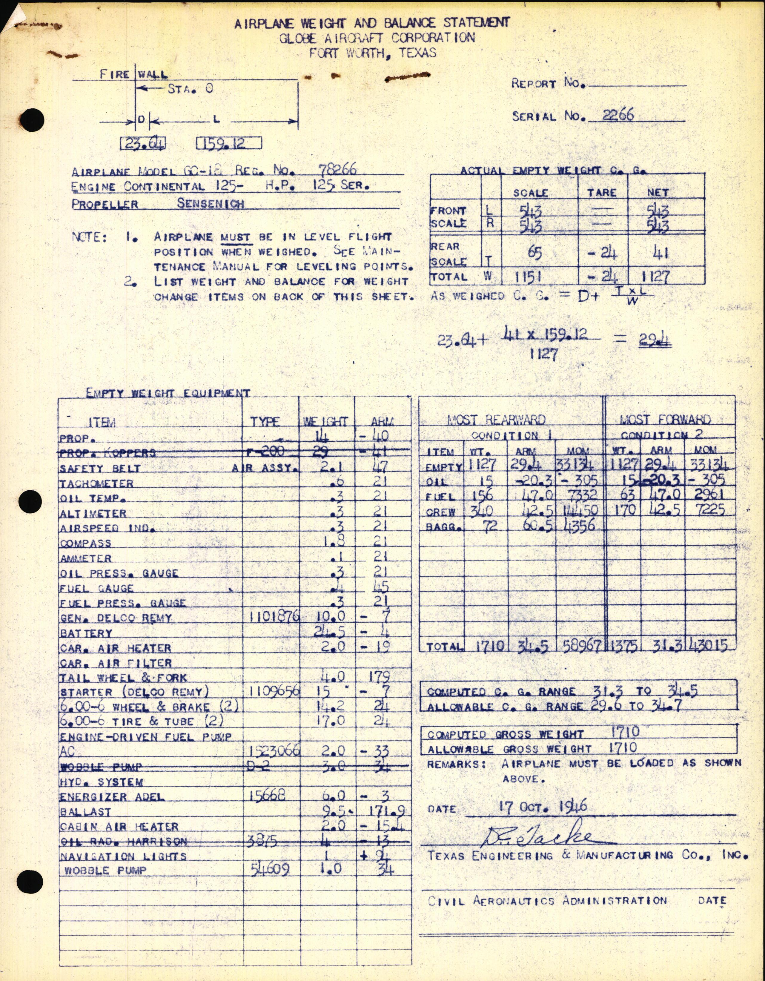 Sample page 1 from AirCorps Library document: Technical Information for Serial Number 2266